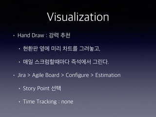 Visualization
• Hand Draw : 강력 추천
• 현환판 옆에 미리 차트를 그려놓고,
• 매일 스크럼할때마다 즉석에서 그린다.
• Jira > Agile Board > Configure > Estimation
• Story Point 선택
• Time Tracking : none
 