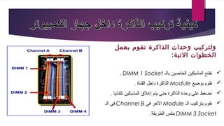 ‫بعمل‬ ‫نقوم‬ ‫الذاكرة‬ ‫وحدات‬ ‫ولتركيب‬
:‫اليتية‬ ‫الخطوات‬
‫بالـ‬ ‫الخاصين‬ ‫المشبكين‬ ‫نفتح‬DIMM 1 Socket.
‫بوضع‬ ‫نقو م‬Module. ‫القناة‬ ‫داخل‬ ‫الذاكرة‬
. ‫تلقائيا‬ ‫المشبكين‬ ‫إغل ق‬ ‫يتم‬ ‫حتى‬ ‫الذاكرة‬ ‫وحدة‬ ‫على‬ ‫نضغط‬
‫الـ‬ ‫بتركيب‬ ‫نقو م‬Module‫في‬ ‫الخر‬Channel B‫الـ‬ ‫في‬
DIMM 3 Socket.‫الطريقة‬ ‫بنفس‬
 