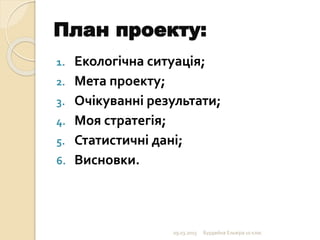 План проекту:
1. Екологічна ситуація;
2. Мета проекту;
3. Очікуванні результати;
4. Моя стратегія;
5. Статистичні дані;
6. Висновки.
09.03.2015 Бурдейна Ельвіра 10 клас
 
