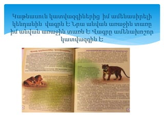Կաթնասուն կատվազգիներից իմ ամենասիրելի
կենդանին վագրն է: Նրա անվան առաջին տառը
իմ անվան առաջին տառն է: Վագրը ամենախոշոր
կատվազգին է:
 
