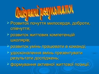  Розвиток почуття милосердя, доброти,Розвиток почуття милосердя, доброти,
співчуття;співчуття;
 розвиток життєвих компетенційрозвиток життєвих компетенцій
школярів;школярів;
 розвиток умінь працювати в команді;розвиток умінь працювати в команді;
 удосконалення вмінь презентуватиудосконалення вмінь презентувати
результати досліджень;результати досліджень;
 формування активної життєвої позиції.формування активної життєвої позиції.
 