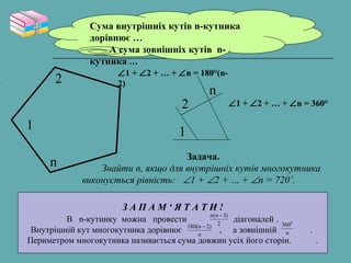 1
2
n
∠1 + ∠2 + … + ∠n = 180°(n-
2)
Сума внутрішніх кутів n-кутника
дорівнює …
А сума зовнішніх кутів n-
кутника …
1
2
n
∠1 + ∠2 + … + ∠n = 360°
Задача.
Знайти n, якщо для внутрішніх кутів многокутника
виконується рівність: ∠1 + ∠2 + … + ∠n = 720˚.
З А П А М ‘ Я Т А Т И !
В n-кутнику можна провести діагоналей .
Внутрішній кут многокутника дорівнює , а зовнішній .
Периметром многокутника називається сума довжин усіх його сторін. .
2
)3( −nn
n
n )2(180 −
n
0
360
 