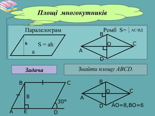 Площі многокутників
Паралелограм Ромб S=
S = аh
а
30°
8
A
B
D
C
E
Знайти площу ABCD.Задача
AO=8,BO=6
A
B
C
D
O
A
B
C
D
O
2
1
АС∙ВД
h
 
