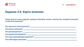 >> south-itpark.ru
Какие лица из семьи, друзей, кумиров, блогеров, коллег, начальства, соседей участвуют
в принятии решений?
Кто конечные пользователи? ___________________________________________________
Кто агенты влияния? __________________________________________________________
Кто рекомендатели? ___________________________________________________________
Кто держатели бюджета? _______________________________________________________
Кто лицо принимающие решения? _______________________________________________
Кто саботирует решения? _______________________________________________________
Задание 2.6. Карта влияния.
 