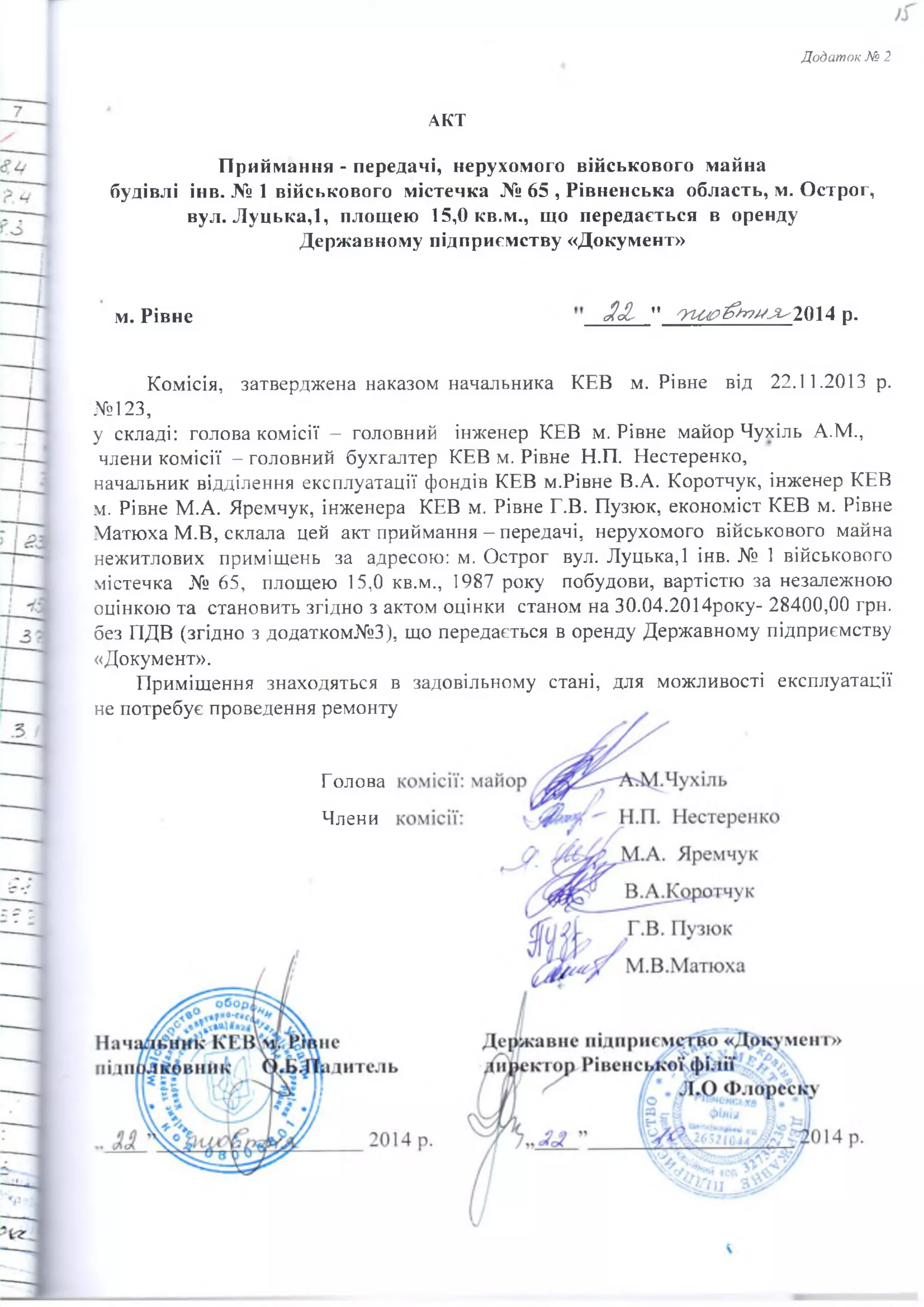 АКТ
Приймання - передачі, нерухомого військового майна
будівлі інв. № 1 військового містечка № 65 , Рівненська область, м. Острог,
вул. Луцька,1, площею 15,0 кв.м., що передається в оренду
Державному підприємству «Документ»
Комісія, затверджена наказом начальника КЕВ м. Рівне від 22.11.2013 р.
у складі: голова комісії — головний інженер КЕВ м. Рівне майор Чухіль А.М.,
члени комісії - головний бухгалтер КЕВ м. Рівне Н.П. Нестеренко,
начальник відділення експлуатації фондів КЕВ м.Рівне В.А. Коротчук, інженер КЕВ
м. Рівне М.А. Яремчук, інженера КЕВ м. Рівне Г.В. Пузюк, економіст КЕВ м. Рівне
Матюха М.В, склала цей акт приймання - передачі, нерухомого військового майна
нежитлових приміщень за адресою: м. Острог вул. Луцька, 1 інв. № 1 військового
містечка № 65, площею 15,0 кв.м., 1987 року побудови, вартістю за незалежною
оцінкою та становить згідно з актом оцінки станом на 30.04.2014року- 28400,00 грн.
без ПДВ (згідно з додатком№3), що передається в оренду Державному підприємству
«Документ».
Приміщення знаходяться в задовільному стані, для можливості експлуатації
не потребує проведення ремонту
м. Рівне аІЛ м 'УШ Р&ПН.Я'2014 р.
№123,
Члени
Голова
 