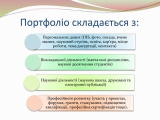 Портфоліо складається з:
Персональних даних (ПІБ, фото, посада, вчене
звання, науковий ступінь, освіта, кар’єра, місце
роботи, тема дисертації, контакти)
Викладацької діяльності (навчальні дисципліни,
наукові досягнення студентів)
Наукової діяльності (наукова школа, друковані та
електронні публікації)
Професійного розвитку (участь у проектах,
форумах, гранти, стажування, підвищення
кваліфікації, професійна сертифікація тощо).
 