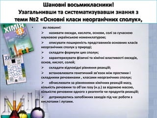 • ви повинні:
 називати оксиди, кислоти, основи, солі за сучасною
науковою українською номенклатурою;
 описувати поширеність представників основних класів
неорганічних сполук у природі;
 складати формули цих сполук;
 характеризувати фізичні та хімічні властивості оксидів,
основ, кислот, солей;
 складати відповідні рівняння реакцій;
 встановлювати генетичний зв’язок між простими і
складними речовинами , класами неорганічних сполук;
 обчислювати за рівняннями хімічних реакцій масу,
кількість речовини та об’єм газу (н.у.) за відомою масою,
кількістю речовини одного з реагентів чи продуктів реакцій;
 дотримуватись запобіжних заходів під час роботи з
кислотами і лугами.
 