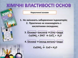 Нерозчинні основи
t
1. Не змінюють забарвлення індикаторів;
2. Практично не взаємодіють з
кислотними оксидами;
3. Основа + кислота → сіль + вода
Cu(OH)2 + 2HCl → CuCl2 + H2O
4. Основа → оксид металу + вода
Cu(OH)2 → CuO + H2O
t
 