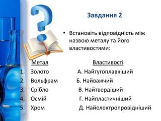 Завдання 2
• Встановіть відповідність між
назвою металу та його
властивостями:
Метал Властивості
1. Золото А. Найтугоплавкіший
2. Вольфрам Б. Найважчий
3. Срібло В. Найтвердіший
4. Осмій Г. Найпластичніший
5. Хром Д. Найелектропровідніший
 