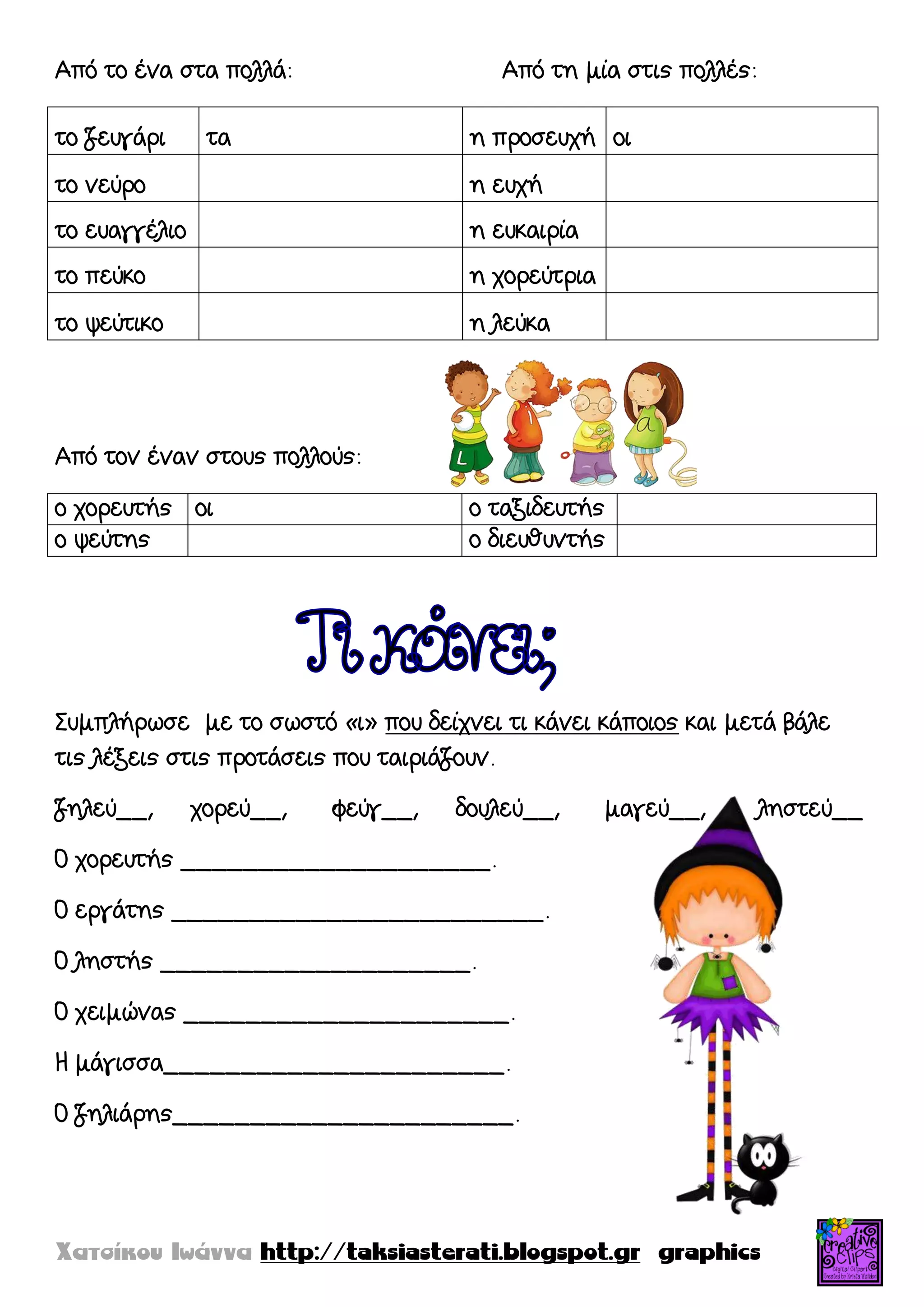 Από το ένα στα πολλά: Από τη μία στις πολλές:
το ζευγάρι τα η προσευχή οι
το νεύρο η ευχή
το ευαγγέλιο η ευκαιρία
το πεύκο η χορεύτρια
το ψεύτικο η λεύκα
Από τον έναν στους πολλούς:
ο χορευτής οι ο ταξιδευτής
ο ψεύτης ο διευθυντής
Συμπλήρωσε με το σωστό «ι» που δείχνει τι κάνει κάποιος και μετά βάλε
τις λέξεις στις προτάσεις που ταιριάζουν.
ζηλεύ__, χορεύ__, φεύγ__, δουλεύ__, μαγεύ__, ληστεύ__
Ο χορευτής ____________________.
Ο εργάτης ________________________.
Ο ληστής ____________________.
Ο χειμώνας _____________________.
Η μάγισσα______________________.
Ο ζηλιάρης______________________.
 