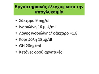 Εργαστηριακός έλεγχος κατά την
υπογλυκαιμία
• Σάκχαρο 9 mg/dl
• Ινσουλίνη 16 μ U/ml
• Λόγος ινσουλίνης/ σάκχαρο =1,8
• Κορτιζόλη 18μg/dl
• GH 20ng/ml
• Κετόνες ορού αρνητικές
 