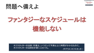 問題へ備えよ
ファンタジーなスケジュールは
機能しない
- ダグラス ホフスタッター
ホフスタッターの法則：作業は、いつだって予測以上に時間がかかるものだ。
ホフスタッターの法則を計算に入れても。
 