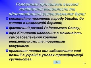 23
Головними причинами високої
політичної активності та
одностайності волевиявлення були:
споконвічне прагнення народу України до
життя в незалежній державі;
фактичний розлад Радянського Союзу;
віра більшості населення в можливість
самозабезпечення країною
енергетичними та товарними
ресурсами;
прагнення певних сил забезпечити свої
позиції в україні в умовах трансформації
суспільства.
 