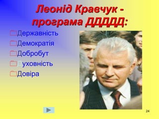 24
Леонід Кравчук -
програма ДДДДД:
Державність
Демократія
Добробут
Духовність
Довіра
 