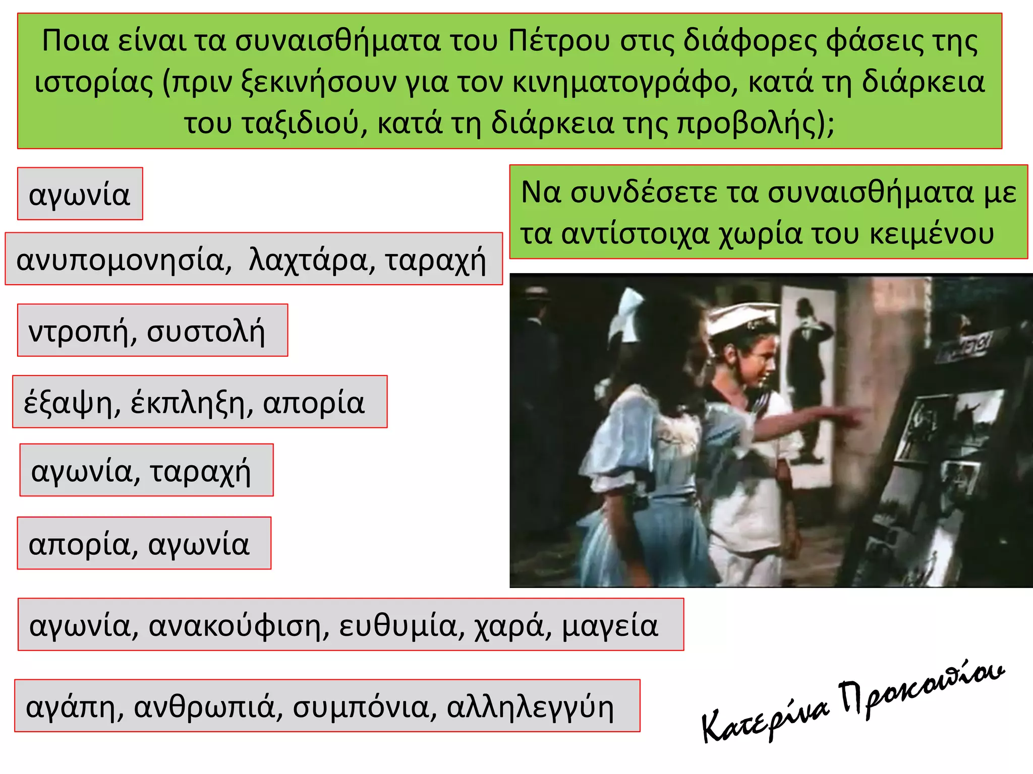 Ποια είναι τα συναισθήματα του Πέτρου στις διάφορες φάσεις της
ιστορίας (πριν ξεκινήσουν για τον κινηματογράφο, κατά τη διάρκεια
του ταξιδιού, κατά τη διάρκεια της προβολής);
αγωνία
ανυπομονησία, λαχτάρα, ταραχή
ντροπή, συστολή
έξαψη, έκπληξη, απορία
αγωνία, ταραχή
απορία, αγωνία
αγωνία, ανακούφιση, ευθυμία, χαρά, μαγεία
αγάπη, ανθρωπιά, συμπόνια, αλληλεγγύη
Να συνδέσετε τα συναισθήματα με
τα αντίστοιχα χωρία του κειμένου
 