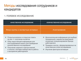 14 client.fut.ru
Методы исследования сотрудников и
кандидатов
КАЧЕСТВЕННОЕ ИССЛЕДОВАНИЕ КОЛИЧЕСТВЕННОЕ ИССЛЕДОВАНИЕ
Фокус-группы и экспертные интервью Анкетирование
 Открытые вопросы и открытые ответы
на них => получение инсайтов
 Сбор недостающей информации для
конструирования анкеты для проведения
количественного исследования
 Получение широкого спектра мнений
и гипотез о мотивах выбора места работы
и восприятия работодателя
 Дополнительная информация для выбора
направлений и вариантов креативной
концепции позиционирования бренда
работодателя
 Проверка гипотез, сформулированных на
качественном этапе исследования
 Изучение факторов мотивации
1. ПОЛЕВОЕ ИССЛЕДОВАНИЕ
 