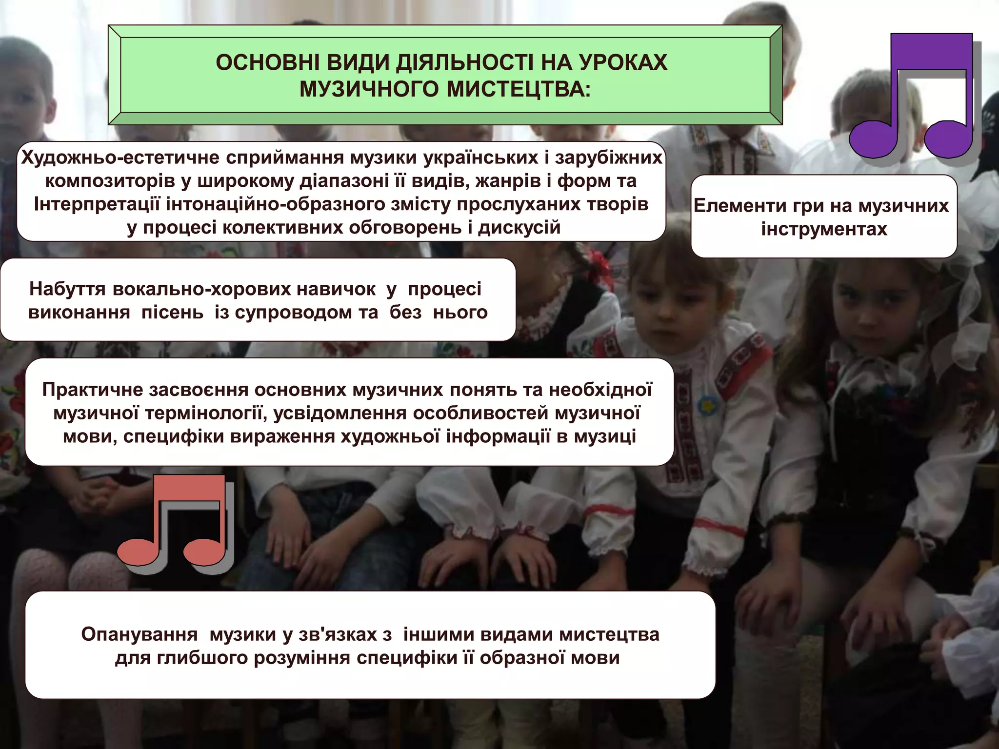 ОСНОВНІ ВИДИ ДІЯЛЬНОСТІ НА УРОКАХ
МУЗИЧНОГО МИСТЕЦТВА:
Художньо-естетичне сприймання музики українських і зарубіжних
композиторів у широкому діапазоні її видів, жанрів і форм та
Інтерпретації інтонаційно-образного змісту прослуханих творів
у процесі колективних обговорень і дискусій
Набуття вокально-хорових навичок у процесі
виконання пісень із супроводом та без нього
Елементи гри на музичних
інструментах
Опанування музики у зв'язках з іншими видами мистецтва
для глибшого розуміння специфіки її образної мови
Практичне засвоєння основних музичних понять та необхідної
музичної термінології, усвідомлення особливостей музичної
мови, специфіки вираження художньої інформації в музиці
 