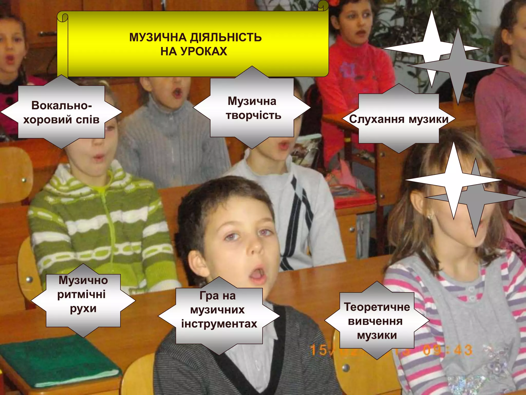 МУЗИЧНА ДІЯЛЬНІСТЬ
НА УРОКАХ
Вокально-
хоровий спів
Музична
творчість Слухання музики
Музично
ритмічні
рухи Теоретичне
вивчення
музики
Гра на
музичних
інструментах
 