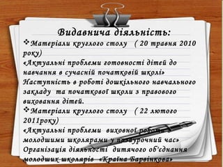 Видавнича діяльність:
Матеріали круглого столу ( 20 травня 2010
року)
«Актуальні проблеми готовності дітей до
навчання в сучасній початковій школі»
Наступність в роботі дошкільного навчального
закладу та початкової школи з правового
виховання дітей.
Матеріали круглого столу ( 22 лютого
2011року)
«Актуальні проблеми виховної роботи з
молодшими школярами у позаурочний час»
Організація діяльності дитячого об'єднання
молодших школярів «Країна Барвінкова»
 