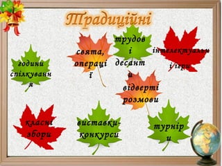 години
спілкуванн
я
класні
збори
свята,
операці
ї
виставки-
конкурси
трудов
і
десант
и
відверті
розмови
інтелектуальн
і ігри
турнір
и
 