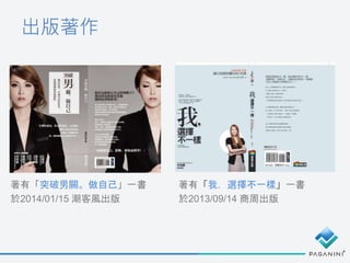 出版著作
著有「突破男關。做自己」一書
於2014/01/15 潮客風出版
著有「我，選擇不一樣」一書
於2013/09/14 商周出版
 