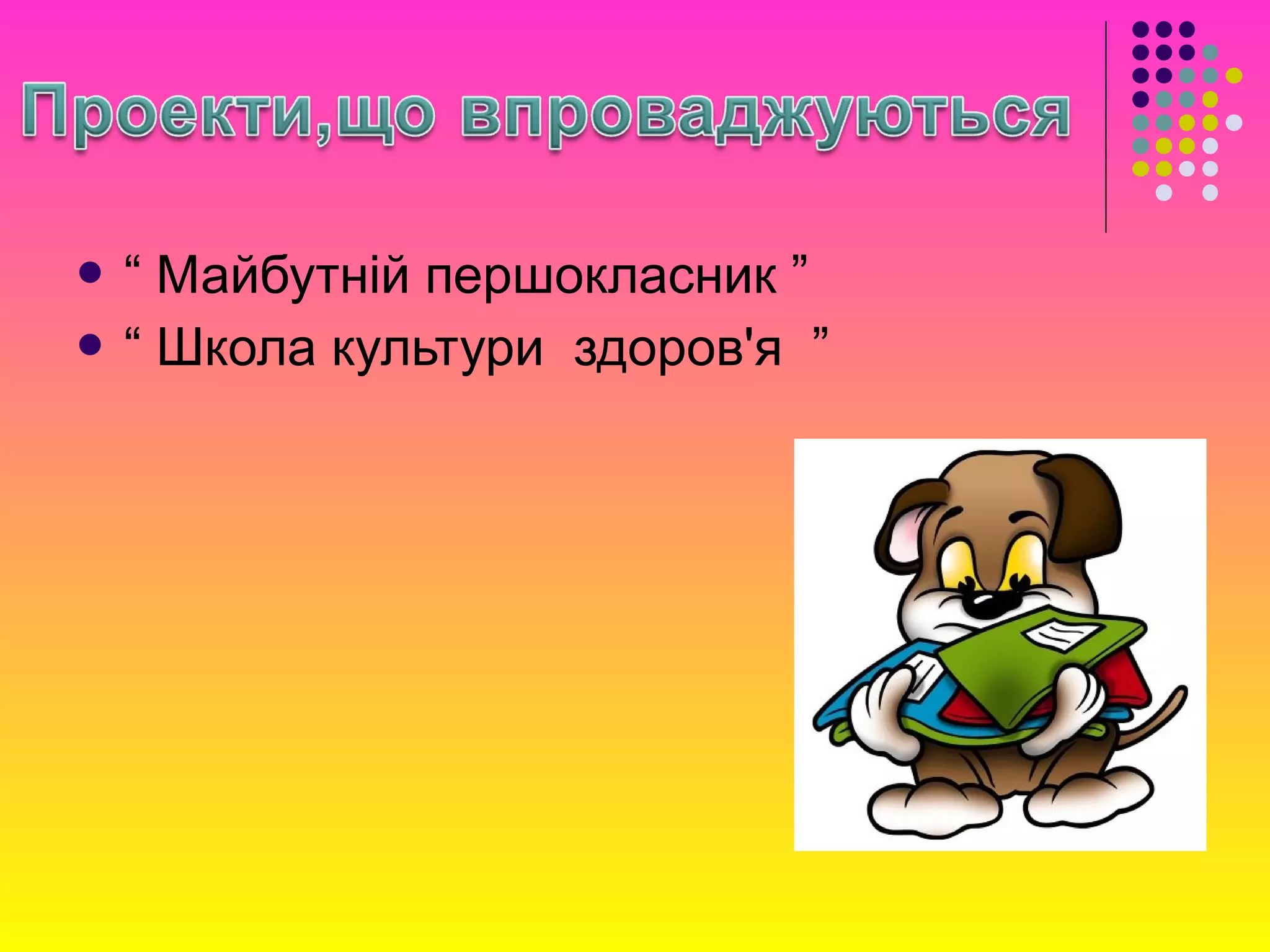  “ Майбутній першокласник ”
 “ Школа культури здоров'я ”
 