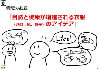 発想のお題
「⾃然と健康が増進される⾐服
（含む：靴、帽⼦）のアイデア」
0
13
 