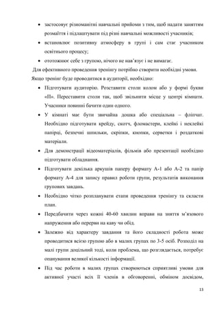 13
 застосовує різноманітні навчальні прийоми з тим, щоб надати заняттям
розмаїття і підлаштувати під різні навчальні можливості учасників;
 встановлює позитивну атмосферу в групі і сам стає учасником
освітнього процесу;
 ототожнює себе з групою, нічого не нав’язує і не вимагає.
Для ефективного проведення тренінгу потрібно створити необхідні умови.
Якщо тренінг буде проводитися в аудиторії, необхідно:
 Підготувати аудиторію. Розставити столи колом або у формі букви
«П». Переставити столи так, щоб звільнити місце у центрі кімнати.
Учасники повинні бачити один одного.
 У кімнаті має бути звичайна дошка або спеціальна – фліпчат.
Необхідно підготувати крейду, скотч, фломастери, клейкі і неклейкі
папірці, безпечні шпильки, скріпки, кнопки, серветки і роздаткові
матеріали.
 Для демонстрації відеоматеріалів, фільмів або презентації необхідно
підготувати обладнання.
 Підготувати декілька аркушів паперу формату А-1 або А-2 та папір
формату А-4 для запису правил роботи групи, результатів виконання
групових завдань.
 Необхідно чітко розпланувати етапи проведення тренінгу та скласти
план.
 Передбачити через кожні 40-60 хвилин вправи на зняття м’язового
напруження або перерви на каву чи обід.
 Залежно від характеру завдання та його складності робота може
проводитися всією групою або в малих групах по 3-5 осіб. Розподіл на
малі групи доцільний тоді, коли проблема, що розглядається, потребує
опанування великої кількості інформації.
 Під час роботи в малих групах створюються сприятливі умови для
активної участі всіх її членів в обговоренні, обміном досвідом,
 