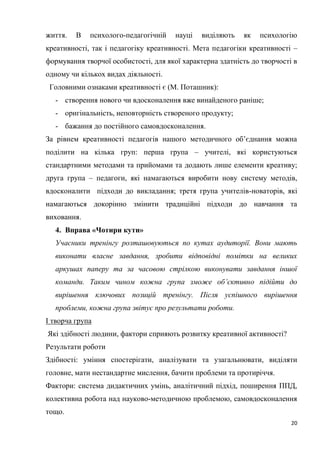 20
життя. В психолого-педагогічній науці виділяють як психологію
креативності, так і педагогіку креативності. Мета педагогіки креативності –
формування творчої особистості, для якої характерна здатність до творчості в
одному чи кількох видах діяльності.
Головними ознаками креативності є (М. Поташник):
- створення нового чи вдосконалення вже винайденого раніше;
- оригінальність, неповторність створеного продукту;
- бажання до постійного самовдосконалення.
За рівнем креативності педагогів нашого методичного об’єднання можна
поділити на кілька груп: перша група – учителі, які користуються
стандартними методами та прийомами та додають лише елементи креативу;
друга група – педагоги, які намагаються виробити нову систему методів,
вдосконалити підходи до викладання; третя група учителів-новаторів, які
намагаються докорінно змінити традиційні підходи до навчання та
виховання.
4. Вправа «Чотири кути»
Учасники тренінгу розташовуються по кутах аудиторії. Вони мають
виконати власне завдання, зробити відповідні помітки на великих
аркушах паперу та за часовою стрілкою виконувати завдання іншої
команди. Таким чином кожна група зможе об’єктивно підійти до
вирішення ключових позицій тренінгу. Після успішного вирішення
проблеми, кожна група звітує про результати роботи.
І творча група
Які здібності людини, фактори сприяють розвитку креативної активності?
Результати роботи
Здібності: уміння спостерігати, аналізувати та узагальнювати, виділяти
головне, мати нестандартне мислення, бачити проблеми та протиріччя.
Фактори: система дидактичних умінь, аналітичний підхід, поширення ППД,
колективна робота над науково-методичною проблемою, самовдосконалення
тощо.
 