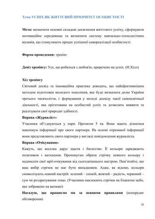 31
Тема УСПІХ ЯК ЖИТТЄВИЙ ПРІОРИТЕТ ОСОБИСТОСТІ
Мета: визначити основні складові досягнення життєвого успіху, сформувати
мотиваційне середовище та визначити систему навчально-технологічних
впливів, що стимулюють процес успішної самореалізації особистості.
Форма проведення: тренінг
Девіз тренінгу: Усе, що робиться з любов′ю, приречено на успіх. (Н.Хілл)
Хід тренінгу
Світовий досвід та інноваційна практика доводять, що найефективнішим
методом підготовки молодого покоління, яке буде визначати долю України
третього тисячоліття, є формування у молоді досвіду такої самоосвітньої
діяльності, яка орієнтована на особистий успіх та дозволить виявити та
реалізувати свої природні здібності.
Вправа «Журналіст»
Учасники об’єднуються у пари. Протягом 5 хв. Вони мають дізнатися
максимум інформації про свого партнера. На основі отриманої інформації
вони представляють свого партнера у вигляді повідомлення журналіста.
Вправа «Очікування»
Кажуть, що веселка дарує щастя і багатство. Її кольори заряджають
позитивом і натхнення. Пропонуємо обрати стрічку певного кольору і
надписати свої мрії-очікування від сьогоднішнього настрою. Пам’ятайте, що
ваш вибір стрічок не має бути випадковим. Адже, як відомо, кольори
символізують певний настрій: зелений – спокій, жовтий – радість, червоний –
сум чи роздратування тощо. (Учасники наклеюють стрічки на блакитне небо,
яке зображено на ватмані)
Нагадую, що працюємо ми за певними правилами (попереднє
обговорення)
 