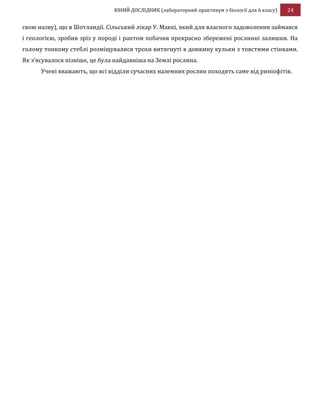 ЮНИЙ ДОСЛІДНИК (лабораторний практикум з біології для 6 класу) 24
свою назву), що в Шотландії. Сільський лікар У. Маккі, який для власного задоволення займався
і геологією, зробив зріз у породі і раптом побачив прекрасно збережені рослинні залишки. На
голому тонкому стеблі розміщувалися трохи витягнуті в довжину кульки з товстими стінками.
Як з’ясувалося пізніше, це була найдавніша на Землі рослина.
Учені вважають, що всі відділи сучасних наземних рослин походять саме від риніофітів.
 