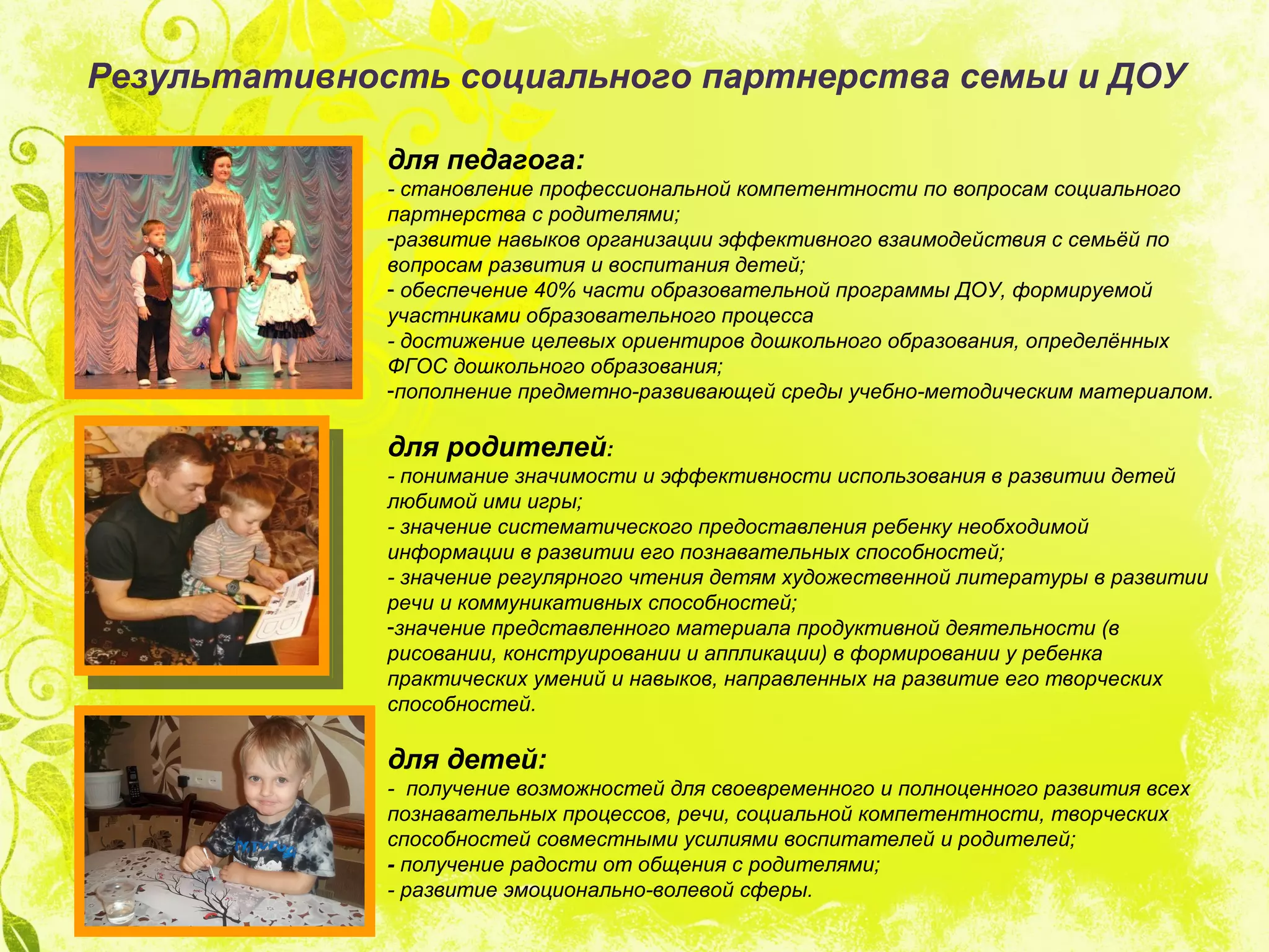 Результативность социального партнерства семьи и ДОУ
для педагога:
- становление профессиональной компетентности по вопросам социального
партнерства с родителями;
-развитие навыков организации эффективного взаимодействия с семьёй по
вопросам развития и воспитания детей;
- обеспечение 40% части образовательной программы ДОУ, формируемой
участниками образовательного процесса
- достижение целевых ориентиров дошкольного образования, определённых
ФГОС дошкольного образования;
-пополнение предметно-развивающей среды учебно-методическим материалом.
для родителей:
- понимание значимости и эффективности использования в развитии детей
любимой ими игры;
- значение систематического предоставления ребенку необходимой
информации в развитии его познавательных способностей;
- значение регулярного чтения детям художественной литературы в развитии
речи и коммуникативных способностей;
-значение представленного материала продуктивной деятельности (в
рисовании, конструировании и аппликации) в формировании у ребенка
практических умений и навыков, направленных на развитие его творческих
способностей.
для детей:
- получение возможностей для своевременного и полноценного развития всех
познавательных процессов, речи, социальной компетентности, творческих
способностей совместными усилиями воспитателей и родителей;
- получение радости от общения с родителями;
- развитие эмоционально-волевой сферы.
 