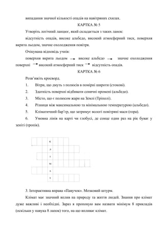 випадання значної кількості опадів на навітряних схилах.
КАРТКА № 5
Утворіть логічний ланцюг, який складається з таких ланок:
відсутність опадів, високе альбедо, високий атмосферний тиск, поверхня
вкрита льодом, значне охолодження повітря.
Очікувана відповідь учнів:
поверхня вкрита льодом високе альбедо значне охолодження
поверхні високий атмосферний тиск відсутність опадів.
КАРТКА № 6
Розв’яжіть кросворд.
1. Вітри, що дмуть з полюсів в помірні широти (стокові).
2. Здатність поверхні відбивати сонячні промені (альбедо).
3. Місто, що є полюсом жари на Землі (Тріполі).
4. Різниця між максимальною та мінімальною температурою (альбедо).
5. Кліматичний бар’єр, що затримує вологі повітряні маси (гора).
6. Умовна лінія на карті чи глобусі, де сонце один раз на рік буває у
зеніті (тропік).
3. Інтерактивна вправа «Павучок». Мозковий штурм.
Клімат має значний вплив на природу та життя людей. Знання про клімат
дуже важливі і необхідні. Зараз я пропоную вам назвати мінімум 8 прикладів
(оскільки у павука 8 лапок) того, на що впливає клімат.
 