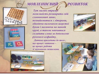 МОВЛЕННЄВИЙ РОЗВИТОК
Тут малюк отримує
можливість розширити свій
словниковий запас,
познайомитися з літерами,
обводячи пальчиком шорсткі
букви і малюючи на манній
крупі, а також навчитися
складати слова за допомогою
рухомого алфавіту.
Дитина приходить до того ,
що процес читання –
це процес роботи
зі звуковими символами.
 