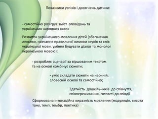 Показники успіхів і досягнень дитини:
- самостійно розігрує зміст оповідань та
українських народних казок
- уміє складати сюжети на наочній,
словесній основі та самостійно;
- розробляє сценарії за віршованим текстом
та на основі комбінує сюжети;
Розвиток українського мовлення дітей (збагачення
лексики, навчання правильної вимови звуків та слів
української мови, уміння будувати діалог та монолог
українською мовою);
Здатність дошкільників до співчуття,
співпереживання, готовсті до співдії
Сформована інтонаційна виразність мовлення (модуляція, висота
тону, темп, тембр, поетика)
 