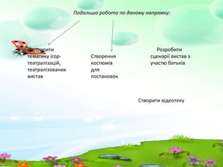 Подальша робота по даному напрямку:
розширити
тематику ігор-
театралізацій,
театралізованих
вистав
Створення
костюмів
для
постановок
Розробити
сценарії вистав з
участю батьків
Створити відеотеку
 