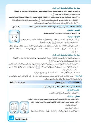 ‫الثامنة‬‫الوحدة‬105
: ‫دوركم‬ ‫وتطبيق‬‫ة‬‫م�ستقل‬‫ار�سة‬
ُ‫ال�سوت‬‫ما‬:‫التالميذ‬‫أل‬‫ا‬‫أ�س‬‫ا‬‫و‬،)‫ونهايتها‬‫وو�سطها‬‫الكلمة‬‫(بداية‬‫املختلفة‬‫موا�سعه‬‫يف‬)َ‫ز‬(‫ال�سوت‬‫إىل‬‫ا‬‫أ�سر‬‫ا‬:‫م‬
. ‫هكذا‬‫أعلى‬‫ا‬‫إىل‬‫ا‬‫بابة‬َّ‫بال�س‬‫م�سرين‬)َ‫ز‬(:‫ت‬
‫بع�س‬ ‫يف‬ )‫(الفتحة‬ ‫بط‬ ّ‫ال�س‬ ‫بحركة‬ )َ‫ز‬( ‫لل�سوت‬ ‫املختلفة‬ ‫أ�سكال‬‫ل‬‫ا‬ ‫إىل‬‫ا‬ ‫أ�سر‬‫ا‬‫�س‬ ،‫ال�سريع‬ ‫وت‬ ّ‫ال�س‬ َ‫ة‬‫لعب‬ ُ‫نلعب‬ ‫دعونا‬ ‫آن‬‫ل‬‫ا‬ :‫م‬
.)َ‫ز‬‫ا‬َ‫ف‬،َ‫ز‬َ‫ف‬َ‫ق‬،َ‫ق‬َ‫ز‬َ‫ر‬،َ‫ل‬َ‫ز‬َ‫ن‬،‫يد‬َ‫ز‬(:‫هي‬،‫والكلمات‬، ‫إ�سارة‬‫ل‬‫ا‬‫م�ستخدمن‬‫نطقه‬‫يف‬‫ت�سرعوا‬‫أن‬‫ا‬‫منكم‬‫أريد‬‫ا‬‫و‬،‫الكلمات‬
.)‫دوركم‬،‫(دوري‬:‫أ�سلوب‬‫ا‬‫أوظف‬‫ا‬ ً‫أ‬‫ا‬‫خط‬‫�سمعت‬‫إذا‬‫ا‬‫ف‬‫يذ‬ِ‫الم‬َّ‫ت‬‫ال‬ َ‫جتاوب‬ ‫ألح‬‫ا‬:‫م‬
‫دقائق‬5 ‫كافة‬‫ة‬‫الكتابي‬‫أ�سكاله‬‫ا‬‫ب‬‫ألف‬‫ل‬‫با‬‫املمدود‬ ‫ا‬‫ز‬ ‫ال�سو‬: ‫الثال‬ ‫الن�سا‬
:‫كاله‬َ‫�س‬ ‫وهذان‬ ،‫ألف‬‫ل‬‫با‬ ‫ًا‬‫د‬‫ممدو‬ ‫الكلمة‬ ‫بداية‬ ‫يف‬ ‫أتي‬‫ا‬‫ي‬ ‫عندما‬ )‫ا‬َ‫ز‬( ‫ال�سوت‬ ‫�سكل‬ ‫هذا‬ :ً‫ال‬‫قائ‬ ‫وحة‬ّ‫ل‬‫ال‬ ‫إىل‬‫ا‬ ‫أ�سر‬‫ا‬ :‫م‬
:ُ‫ه‬‫ال‬ْ‫ك‬َ‫ف�س‬ ،‫ألف‬‫ل‬‫با‬ ً‫ا‬‫ممدود‬ ‫الكلمة‬ ‫آخر‬‫ا‬ ‫يف‬ ‫أتي‬‫ا‬‫ي‬ ‫عندما‬ ‫ا‬ّ‫م‬‫أ‬‫ا‬ ،‫ألف‬‫ل‬‫با‬ ‫ًا‬‫د‬‫ممدو‬ ‫الكلمة‬ ‫و�سط‬ ‫يف‬ ‫أتي‬‫ا‬‫ي‬ ‫ندما‬ِ‫ع‬ )‫ا‬َ‫ز‬ - ‫ا‬َ‫ز‬���(
.)‫ا‬َ‫ز‬-‫ا‬َ‫ز‬���(
: ‫دوركم‬ ‫وتطبيق‬‫ة‬‫م�ستقل‬‫ار�سة‬
ُ‫وت‬ ّ‫ال�س‬‫ما‬:‫التالميذ‬‫أل‬‫ا‬‫أ�س‬‫ا‬‫و‬،)‫ونهايتها‬‫وو�سطها‬‫الكلمة‬‫(بداية‬:‫املختلفة‬‫موا�سعه‬‫يف‬)‫ا‬َ‫ز‬(‫وت‬ َّ‫ال�س‬‫إىل‬‫ا‬‫أ�سر‬‫ا‬:‫م‬
. ‫هكذا‬‫أعلى‬‫ا‬‫إىل‬‫ا‬ ِ ْ‫ن‬َ‫ت‬َ‫ب‬‫ا‬َّ‫ب‬ّ‫بال�س‬‫م�سرين‬)‫ا‬َ‫ز‬(:‫ت‬
‫أن‬‫ا‬ ‫منكم‬ ‫أريد‬‫ا‬‫و‬ ،‫الكلمات‬ ‫بع�س‬ ‫يف‬ )‫ا‬َ‫ز‬( ‫لل�سوت‬ ‫املختلفة‬ ِ‫أ�سكال‬‫ل‬‫ا‬ ‫إىل‬‫ا‬ ‫أ�سر‬‫ا‬‫�س‬ ،‫ريع‬ّ‫ال�س‬ ِ‫وت‬ ّ‫ال�س‬ َ‫ة‬‫لعب‬ ُ‫نلعب‬ ‫دعونا‬ ‫آن‬‫ل‬‫ا‬ :‫م‬
:‫هي‬‫والكلمات‬.ِ‫ن‬‫حركت‬‫قدار‬ ِ‫مب‬ ّ‫د‬‫امل‬‫راعن‬ُ‫م‬ ‫هكذا‬،‫أعلى‬‫ا‬‫إىل‬‫ا‬ ِ ْ‫ن‬َ‫ت‬َ‫ب‬‫ا‬َّ‫ب‬ّ‫بال�س‬‫م�سرين‬،‫وت‬ ّ‫ال�س‬‫نطق‬‫يف‬‫ت�سرعوا‬
.)‫غزا‬،‫أزال‬‫ا‬،‫حزام‬،‫(زاهد‬
.)‫دوركم‬،‫(دوري‬:‫أ�سلوب‬‫ا‬‫أوظف‬‫ا‬ ً‫أ‬‫ا‬‫خط‬‫�سمعت‬‫إذا‬‫ا‬‫ف‬‫يذ‬ِ‫الم‬َّ‫ت‬‫ال‬ َ‫جتاوب‬ ‫ألح‬‫ا‬:‫م‬
‫ب�سرعة‬ ‫نطقها‬ ‫إليهم‬‫ا‬ ‫أطلب‬‫ا‬‫و‬ ) ْ‫ط‬ ،‫ي‬ ِ‫ط‬ - �� ِ‫ط‬ ،‫�و‬� ُ‫ط‬ - �� ُ‫(ط‬ :‫وهي‬ ‫ا‬ً‫ق‬‫�ساب‬ ‫در�سوها‬ ‫التي‬ ‫أ�سوات‬‫ل‬‫ا‬ ‫للتالميذ‬ ‫أعر�س‬‫ا‬ :‫املراجعة‬
.)‫دوركم‬،‫(دوري‬‫أ�سلوب‬‫ا‬‫أوظف‬‫ا‬‫أ‬‫ا‬‫خط‬‫�سمعت‬‫إذا‬‫ا‬‫ف‬،‫منا�سبة‬‫قرائية‬
: ‫الن�سا‬ ‫تقد‬
.‫كافة‬‫أ�سكاله‬‫ا‬‫ب‬‫ألف‬‫ل‬‫با‬‫املمدود‬)‫ا‬َ‫ز‬(‫ال�سوت‬‫ف‬ّ‫ر‬‫�سنتع‬‫آن‬‫ل‬‫ا‬:‫م‬
: ‫دور‬ ‫ج‬ ‫و‬
،‫حركتن‬ ‫مبقدار‬ ‫وت‬ َّ‫ال�س‬ ّ‫د‬‫م‬ ً‫ا‬‫مراعي‬ )‫ا‬َ‫ز‬( ‫أنطقه‬‫ا‬‫و‬ ،‫ألف‬‫ل‬‫با‬ ‫املمدود‬ )‫ا‬َ‫ز‬( ‫ال�سوت‬ ‫إىل‬‫ا‬ ‫أ�سر‬‫ا‬ :‫م‬
.ً‫ة‬‫ثاني‬ ً‫ة‬ّ‫ر‬‫م‬ ‫أكرره‬‫ا‬‫و‬ ، ‫هكذا‬ ‫أعلى‬‫ا‬ ‫إىل‬‫ا‬ ِ ْ‫ن‬َ‫ت‬َ‫ب‬‫ا‬َّ‫ب‬ّ‫بال�س‬ ‫ا‬ً‫ر‬‫م�س‬
: ‫الن�سا‬ ‫تقد‬
.‫الكلمات‬‫لقراءة‬ ِ‫أ�سوات‬‫ل‬‫ا‬‫بع�س‬ً‫ا‬‫مع‬ ُ‫ج‬‫�سنمز‬ َ‫ن‬‫آ‬‫ل‬‫ا‬:‫م‬
: ‫دور‬ ‫ج‬ ‫و‬
.‫أنطقه‬‫ا‬‫و‬‫الكلمة‬‫يف‬ ّ‫�سوتي‬ ‫�سوت/مقطع‬ ِّ‫ل‬‫ك‬‫أ�سفل‬‫ا‬‫أ�سر‬‫ا‬‫و‬)ُ‫د‬���/��ْ‫ي‬َ‫ز‬(‫كلمة‬‫بكتابة‬‫أقوم‬‫ا‬:‫م‬
‫دقائق‬ 10 : ‫م‬ ‫ال‬ ‫وتي‬‫ال�س‬‫ج‬ ‫امل‬ : 3 ‫اخلطوة‬
: ‫ا‬‫ز‬ ‫و‬ ‫ز‬ ‫ال�سوتان‬‫ا‬ ‫في‬ ‫كلما‬‫ة‬ ‫قرا‬: ‫الن�سا‬
)ُ‫د‬ْ‫ي‬َ‫ز‬( :‫ؤها‬‫و‬‫أقر‬‫ا‬‫و‬ ‫�سم‬ّ‫ر‬‫بال‬ ‫املو�سح‬ ‫هم‬ّ‫كال�س‬ ‫الكلمة‬ ‫أ�سفل‬‫ا‬ ‫إ�سبعي‬‫ا‬ ‫ب�سحب‬ ‫أقوم‬‫ا‬ :‫م‬
.)‫تن‬ّ‫ر‬‫م‬‫ذلك‬‫أكرر‬‫ا‬(
.‫�سخ�س‬‫ا�سم‬:‫معناها‬:‫م‬
.)‫�سخ�س‬‫ومعناها:(ا�سم‬ )ُ‫ر‬‫ا‬َ‫ز‬َ‫ن‬(،)ُ‫ر‬/‫�زا‬��/��ِ‫ن‬( :‫كلمة‬‫مع‬‫نف�سها‬‫إجراءات‬‫ل‬‫ا‬‫أكرر‬‫ا‬:‫م‬
‫ا‬‫ز‬
‫ا‬‫ز‬ ‫ا‬ ‫ــ‬
‫ا‬‫ز‬ ‫ا‬ ‫ــ‬
ُ‫د‬���/��ْ‫ي‬َ‫ز‬
ُ‫د‬‫ي‬‫ز‬
ُ‫ر‬/‫ا‬َ‫ز‬����/���ِ‫ن‬
ُ‫ر‬‫ا‬ ِ‫ن‬
 