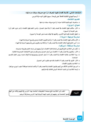 ‫الثامنة‬‫الوحدة‬ 112
.‫الدر�س‬‫يف‬ ‫البدء‬‫قبل‬‫�سبورة‬/‫لوحة‬‫على‬ ً‫ال‬‫كام‬‫الكتابة‬‫أمنوذج‬‫ا‬‫أر�سم‬‫ا‬
: ‫الن�سا‬ ‫تقد‬
.‫درا�ستها‬‫�سبقت‬‫حروف‬‫مع‬)‫(ز‬‫حرف‬‫كتابة‬‫كيفية‬‫اليوم‬‫�سنتعرف‬:‫م‬
: ‫دور‬ ‫ج‬ ‫و‬
)‫أزر‬‫ا‬ ،‫قفز‬ ،‫نزور‬ ،‫(زائر‬ ‫الكلمات‬ ‫فوق‬ ‫القلم‬ ‫أمرر‬‫ا‬‫و‬ ، ‫اجلدول‬ ‫أ�سفل‬‫ا‬ ‫يف‬ )1( ‫رقم‬ ‫ال�سف‬ ‫يف‬ ‫الكلمات‬ ‫فوق‬ ‫أكتب‬‫ا‬‫�س‬ -‫آن‬‫ل‬‫ا‬ :‫م‬
.‫ال�سبورة‬‫أو‬‫ا‬‫اللوحة‬‫على‬
.‫ال�سبورة‬‫أو‬‫ا‬‫اللوحة‬‫على‬‫نف�سه‬‫الوقت‬‫يف‬‫أكتبها‬‫ا‬‫و‬،‫أخرى‬‫ل‬‫ا‬‫تلو‬‫كلمة‬‫الكلمات‬‫أنطق‬‫ا‬:‫م‬
: ‫دورنا‬ ‫ة‬ ‫موج‬‫ار�سة‬
.‫الهواء‬‫يف‬‫ال�سبابة‬‫إ�سبع‬‫ا‬‫ب‬‫بعدي‬‫الكلمات‬‫تكتبون‬‫أنتم‬‫ا‬‫و‬)1(‫رقم‬‫ال�سف‬‫يف‬‫الكلمات‬‫فوق‬‫أكتب‬‫ا‬‫�س‬‫آن‬‫ل‬‫ا‬:‫م‬
.‫الهواء‬‫يف‬‫ال�سبابة‬‫إ�سبعهم‬‫ا‬‫ب‬‫معي‬‫يكتبون‬‫والتالميذ‬)1(‫رقم‬‫ال�سف‬‫يف‬‫الكلمات‬‫أ�سكال‬‫ا‬‫فوق‬‫القلم‬‫أمرر‬‫ا‬:‫ت‬‫م‬
: ‫دوركم‬ ‫م�ستقلة‬‫ار�سة‬
.‫�سحيحة‬‫بطريقة‬‫القلم‬‫م�سك‬‫إىل‬‫ا‬‫أوجههم‬‫ا‬‫ثم‬،‫الكلمات‬‫كتابة‬‫ن�ساط‬‫إىل‬‫ا‬‫كتبهم‬‫فتح‬‫التالميذ‬‫إىل‬‫ا‬‫أطلب‬‫ا‬:‫م‬
.‫للكتابة‬‫ال�سحيحة‬‫الجتاهات‬‫مراعن‬‫مبفردكم‬‫اجلدول‬‫أ�سفل‬‫ا‬‫من‬‫الكلمات‬)1(‫رقم‬‫ال�سف‬‫يف‬‫�ستكتبون‬-‫آن‬‫ل‬‫ا‬:‫م‬
‫لتقدمي‬ ‫املعلم‬ ‫ومير‬ ،‫نف�سه‬ ‫الوقت‬ ‫يف‬ ‫ؤونها‬‫و‬‫ويقر‬ ‫�دول‬�‫جل‬‫ا‬ ‫أ�سفل‬‫ا‬ )1( ‫رقم‬ ‫ال�سف‬ ‫يف‬ ‫الكلمات‬ ‫بكتابة‬ ‫التالميذ‬ ‫أ‬‫ا‬‫يبد‬ :‫ت‬
.‫امل�ساعدة‬
.‫اجلدول‬‫أعلى‬‫ا‬‫مكتوب‬‫هو‬‫كما‬‫الكلمات‬)2(‫رقم‬‫ال�سف‬‫يف‬‫اكتبوا‬-‫آن‬‫ل‬‫ا‬:‫م‬
.‫الكلمات‬‫يكتبون‬‫التالميذ‬:‫ت‬
.)‫دوركم‬،‫(دوري‬‫أ�سلوب‬‫ا‬‫ا‬ً‫ف‬‫موظ‬‫امل�ساعدة‬‫أقدم‬‫ا‬‫و‬)2(‫رقم‬‫ال�سف‬‫يف‬‫الكلمات‬‫يكتبون‬‫أنهم‬‫ا‬‫من‬‫أكد‬‫ا‬‫أت‬‫ل‬‫التالميذ‬‫بن‬‫أمر‬‫ا‬:‫م‬
.‫منازلهم‬‫يف‬‫للكتابة‬‫البيتي‬‫الن�ساط‬‫تنفيذ‬‫إىل‬‫ا‬‫التالميذ‬‫أوجه‬‫ا‬:‫م‬
‫هم‬ّ‫ن‬‫أ‬‫ا‬ ‫من‬ ‫أكد‬‫ا‬‫وت‬ ‫كتبهم‬ ‫يف‬ ‫ّر�س‬‫د‬‫ال‬ ‫بهذا‬ ‫اخلا�سة‬ ‫التطبيقات‬ ‫�سفحة‬ ‫فتح‬ ‫التالميذ‬ ‫إىل‬‫ا‬ ‫أطلب‬‫ا‬
.‫�سرهم‬ُ‫أ‬‫ا‬‫مب�ساركة‬‫ّر�س‬‫د‬‫ال‬‫لهذا‬‫ة‬ّ‫ي‬‫البيت‬‫املهمة‬‫تنفيذ‬‫إىل‬‫ا‬‫ههم‬ّ‫وج‬ ‫ثم‬‫فحة‬ ّ‫ال�س‬‫فتحوا‬
:‫تنبيه‬
:‫ا‬ ‫درا�ست‬ ‫�سبق‬‫حروف‬ ‫م‬ ‫ز‬ ‫احلرف‬‫ا‬ ‫في‬ ‫كلما‬‫كتابة‬: ‫الثا‬ ‫الن�سا‬
 