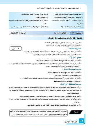 ‫الثامنة‬‫الوحدة‬ 116
:‫آتية‬‫ل‬‫ا‬‫أ�سئلة‬‫ل‬‫ا‬‫يذ‬ِ‫الم‬َّ‫ت‬‫ال‬‫إىل‬‫ا‬‫ه‬ّ‫وج‬‫ثم‬،‫أخرى‬‫ا‬ ً‫ة‬ّ‫ر‬‫م‬ ً‫ة‬‫كامل‬‫ة‬ ّ‫الق�س‬ ِ‫ك‬ْ‫اح‬
‫املياه‬‫قلة‬‫على‬‫الكبرة‬‫أ�سجار‬‫ل‬‫ا‬‫تغلبت‬‫كيف‬:‫م‬
‫وال�سجرات‬‫أ�سجار‬‫ل‬‫ا‬‫يهدد‬‫الذي‬‫اخلطر‬‫ما‬:‫م‬
‫ال�سجرات‬ ‫الكبرة‬ ‫أ�سجار‬‫ل‬‫ا‬ ‫�ساعدت‬ ‫كيف‬ :‫م‬
‫ال�سغرة‬
‫�سديق‬‫إليك‬‫ا‬‫احتاج‬‫لو‬‫تفعل‬‫ماذا‬:‫م‬
.‫حتتاجه‬‫مما‬ ً‫ال‬‫قلي‬‫إل‬‫ا‬‫ت�سرب‬‫أل‬‫ا‬‫حاولت‬:‫ت‬
.‫واملوت‬‫اجلفاف‬:‫ت‬
‫القريبة‬‫لل�سجرات‬‫مائها‬‫من‬‫ب�سيء‬‫كبرة‬‫�سجرة‬‫كل‬‫تنازلت‬:‫ت‬
.‫منها‬
.)‫منا�سبة‬‫إجابة‬‫ا‬‫أية‬‫ا‬‫(تقبل‬‫امل�ساعدة‬‫له‬‫أقدم‬‫ا‬‫و‬‫عنه‬ َّ‫ل‬‫أتخ‬‫ا‬‫ل‬:‫ت‬
.‫الكلمة‬‫يف‬‫الناق�س‬)‫(ز‬‫احلرف‬‫�سكل‬‫حتديد‬‫�سنتعلم‬‫اليوم‬:‫م‬
.‫ال�سبورة‬‫على‬‫أر�سمه‬‫ا‬‫أو‬‫ا‬‫بطاقة‬‫يف‬‫أمنوذج‬‫ل‬‫ا‬‫بعر�س‬‫أقوم‬‫ا‬:‫م‬
: ‫الن�سا‬ ‫تقد‬
.‫جلو�سهم‬‫طريقة‬ ‫ألح‬‫ا‬‫و‬،‫للكتابة‬‫ًا‬‫د‬‫ا�ستعدا‬،‫�سحيحة‬‫بطريقة‬‫اجللو�س‬‫التالميذ‬‫إىل‬‫ا‬‫أطلب‬‫ا‬:‫م‬
.‫الفراغ‬‫يف‬‫نكتبه‬‫ثم‬،‫الكلمة‬‫يف‬‫الناق�س‬‫احلرف‬‫حتديد‬‫كيفية‬‫اليوم‬‫�سنتعرف‬:‫م‬
: ‫دور‬ ‫ج‬ ‫و‬
:‫آتية‬‫ل‬‫ا‬‫إجراءات‬‫ل‬‫ا‬‫تنفيذ‬‫أثناء‬‫ا‬‫واملالحظة‬‫ال�ستماع‬‫التالميذ‬‫إىل‬‫ا‬‫أطلب‬‫ا‬:‫م‬
...��‫ن‬( ‫الفراغ‬ ‫يف‬ ‫أكتبه‬‫ا‬‫و‬ ،‫الكلمة‬ ‫بداية‬ ‫يف‬ ‫ويقع‬ )‫�ز‬���( ‫هو‬ ‫الكلمة‬ ‫هذه‬ ‫يف‬ ‫الناق�س‬ ‫احلرف‬ ‫�سكل‬ :ً‫ال‬‫قائ‬ ‫الكلمة‬ ‫إىل‬‫ا‬ ‫أ�سر‬‫ا‬ :‫م‬
.‫واحدة‬‫دفعة‬‫الكلمة‬‫أ‬‫ا‬‫أقر‬‫ا‬‫ثم‬)‫(نزور‬‫الكلمة‬‫لت�سبح‬)‫ور‬
: ‫دورنا‬ ‫ة‬ ‫موج‬‫ار�سة‬
.‫الن�ساط‬‫�سفحة‬‫على‬‫كتبهم‬‫فتح‬‫التالميذ‬‫إىل‬‫ا‬‫أطلب‬‫ا‬:‫م‬
.‫القلم‬‫مل�سك‬‫ال�سحيحة‬‫بالطريقة‬‫اذكرهم‬:‫م‬
.)ُ‫ز‬��(‫أنطقه‬‫ا‬‫و‬‫الكلمة‬‫هذه‬‫يف‬‫الناق�س‬‫احلرف‬‫�سكل‬‫بكتابة‬‫ا‬ً‫ع‬‫م‬‫�سنقوم‬‫آن‬‫ل‬‫ا‬:ً‫ال‬‫قائ‬‫الكلمة‬‫إىل‬‫ا‬‫أ�سر‬‫ا‬:‫م‬
.‫ا‬ً‫ع‬‫م‬‫ؤونها‬‫و‬‫يقر‬‫ثم‬)‫(نزور‬‫الكلمة‬‫يكتبون‬:‫ت‬‫م‬
: ‫دوركم‬ ‫ة‬‫م�ستقل‬‫ار�سة‬
.‫الفراغ‬‫يف‬‫وكتابته‬)‫(...يد‬‫موقعه‬‫وحتديد‬‫الثانية‬‫الكلمة‬‫يف‬‫الناق�س‬‫احلرف‬‫�سكل‬‫بتحديد‬‫مبفردكم‬‫�ستقومون‬-‫آن‬‫ل‬‫ا‬:‫م‬
‫ؤون‬‫و‬‫يقر‬ ‫ثم‬ )‫(زيد‬ ‫الكلمة‬ ‫لت�سبح‬ )‫(...يد‬ ‫الفراغ‬ ‫يف‬ ‫يكتبونه‬ ‫ثم‬ ،)‫الكلمة(ز‬ ‫يف‬ ‫الناق�س‬ ‫احلرف‬ ‫�سكل‬ ‫التالميذ‬ ‫يحدد‬ :‫ت‬
.‫واحدة‬‫دفعة‬‫الكلمة‬
.‫ا‬ً‫ي‬‫ذات‬‫أخطائهم‬‫ا‬‫وت�سحيح‬‫كتبوه‬‫ما‬‫مقارنة‬‫إىل‬‫ا‬‫أوجههم‬‫ا‬‫و‬،‫مكتملة‬‫ال�سبورة‬‫على‬‫الكلمة‬‫عر�س‬‫أعيد‬‫ا‬:‫م‬
،‫(دوري‬ : ‫أ�سلوب‬‫ا‬ ‫با�ستخدام‬ ‫الالزمة‬ ‫امل�ساعدة‬ ‫أقدم‬‫ا‬‫و‬ ،‫�سحيحة‬ ‫بطريقة‬ ‫الن�ساط‬ ‫التالميذ‬ ‫تنفيذ‬ ‫من‬ ‫أكد‬‫ا‬‫للت‬ ‫أمر‬‫ا‬ :‫م‬
.)‫دوركم‬
.‫منازلهم‬‫يف‬)‫الناق�س‬‫احلرف‬‫إكمال‬‫ا‬(‫البيتي‬‫الن�ساط‬‫تنفيذ‬‫كيفية‬‫إىل‬‫ا‬‫التالميذ‬‫أوجه‬‫ا‬:‫م‬
‫دقائق‬ 10 : ‫م‬ ‫ال‬ ‫إمال‬‫ا‬ ‫الكتابة‬ : 6 ‫اخلطوة‬
:‫الكلمة‬‫يف‬ ‫الناق�س‬‫احلرف‬‫كتابة‬: ‫الن�سا‬
‫نــ...ور‬
‫أنهم‬‫ا‬ ‫من‬ ‫أكد‬‫ا‬‫وت‬ ‫كتبهم‬ ‫يف‬ ‫الدر�س‬ ‫بهذا‬ ‫اخلا�سة‬ ‫التطبيقات‬ ‫�سفحة‬ ‫فتح‬ ‫التالميذ‬ ‫إىل‬‫ا‬ ‫اطلب‬
.‫أ�سرهم‬‫ا‬‫مب�ساركة‬‫الدر�س‬‫لهذا‬‫البيتية‬‫املهمة‬‫تنفيذ‬‫كيفية‬‫إىل‬‫ا‬‫وجههم‬‫ثم‬‫ال�سفحة‬‫فتحوا‬
:‫تنبيه‬
 