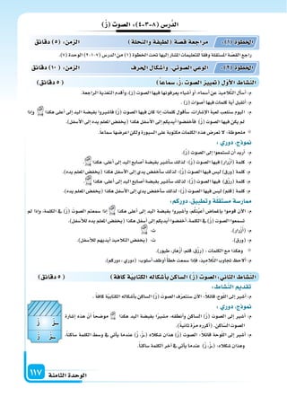 ‫الثامنة‬‫الوحدة‬117
‫ز‬ ‫ال�سو‬: 4 3 8 ‫ر�س‬َّ‫الد‬
.)7(‫الوحدة‬)2-1-7(‫الدر�س‬‫من‬)1(‫اخلطوة‬‫حتت‬‫إليها‬‫ا‬‫امل�سار‬‫للتعليمات‬ً‫ا‬‫وفق‬‫امل�ستقلة‬‫ة‬ ّ‫ِ�س‬‫ق‬‫ال‬‫راجع‬
‫دقائق‬ 5 : ‫م‬ ‫ال‬ ‫لة‬ ‫والن‬‫لطيفة‬ ‫ة‬‫ق�س‬‫مراجعة‬ : 1 ‫اخلطوة‬
‫دقائق‬ 10 : ‫م‬ ‫ال‬ ‫احلرف‬ ‫أ�سكا‬‫ا‬‫و‬ ‫ال�سوتي‬‫الوعي‬ : 2 ‫اخلطوة‬
‫دقائق‬5 ‫�سماعا‬ ‫ز‬ ‫ال�سو‬ ‫يي‬ ‫أو‬‫ل‬‫ا‬ ‫الن�سا‬
‫دقائق‬5 ‫كافة‬‫ة‬‫الكتابي‬‫أ�سكاله‬‫ا‬‫ب‬ ‫ال�ساك‬ ‫ز‬ ‫:ال�سو‬ ‫الثا‬ ‫الن�سا‬
: ‫الن�سا‬ ‫تقد‬
. ً‫ة‬‫كاف‬‫ة‬ّ‫ي‬‫الكتاب‬‫أ�سكاله‬‫ا‬‫ب‬‫ال�ساكن‬)ْ‫ز‬( َ‫ال�سوت‬‫ف‬ّ‫ر‬‫�سنتع‬‫آن‬‫ل‬‫ا‬:ً‫ال‬‫قائ‬،‫وح‬ّ‫ل‬‫ال‬‫إىل‬‫ا‬‫أ�سر‬‫ا‬:‫م‬
: ‫دور‬ ‫ج‬ ‫و‬
‫إ�سارة‬‫ا‬ ‫هذه‬ ّ‫أن‬‫ا‬ ً‫ا‬‫مو�سح‬ ‫هكذا‬ ‫اليد‬ ‫بقب�سة‬ ‫ا‬ً‫ر‬‫م�س‬ ،‫أنطقه‬‫ا‬‫و‬ ‫ال�ساكن‬ )ْ‫ز‬( ‫ال�سوت‬ ‫إىل‬‫ا‬ ‫أ�سر‬‫ا‬ :‫م‬
.)ً‫ة‬‫ثاني‬‫ة‬ّ‫ر‬‫م‬‫أكرره‬‫ا‬(.‫اكن‬ّ‫ال�س‬‫ال�سوت‬
،ً‫ا‬‫�ساكن‬ ‫الكلمة‬ ‫و�سط‬ ‫يف‬ ‫أتي‬‫ا‬‫ي‬ ‫عندما‬ )ْ‫ز‬ ،ْ‫ز‬���( ‫�سكاله‬ ‫هذان‬ )ْ‫ز‬( ‫ال�سوت‬ :ً‫ال‬‫قائ‬ ‫وحة‬ّ‫ل‬‫ال‬ ‫إىل‬‫ا‬ ‫أ�سر‬‫ا‬ :‫م‬
.ً‫ا‬‫�ساكن‬‫الكلمة‬‫آخر‬‫ا‬‫يف‬‫أتي‬‫ا‬‫ي‬‫عندما‬ )ْ‫ز‬،ْ‫ز‬���(:‫�سكاله‬‫وهذان‬
.‫الراجعة‬‫التغذية‬‫أقدم‬‫ا‬‫و‬،)‫(ز‬‫ال�سوت‬‫فيها‬‫يعرفونها‬‫أ�سياء‬‫ا‬‫أو‬‫ا‬،‫أ�سماء‬‫ا‬‫عن‬‫يذ‬ِ‫الم‬َّ‫ت‬‫ال‬‫أل‬‫ا‬‫أ�س‬‫ا‬:‫م‬
.)‫(ز‬‫أ�سوات‬‫ا‬‫فيها‬‫كلمات‬‫أية‬‫ا‬‫أتقبل‬‫ا‬:‫م‬
‫إذا‬‫ا‬‫و‬ ‫هكذا‬ ‫أعلى‬‫ا‬ ‫إىل‬‫ا‬ ‫اليد‬ ‫بقب�سة‬ ‫فا�سروا‬ )ْ‫ز‬( ‫ال�سوت‬ ‫فيها‬ ‫كان‬ ‫إذا‬‫ا‬ ،‫كلمات‬ ‫أقول‬‫ا‬‫�س‬ ،‫إ�سارات‬‫ل‬‫ا‬ َ‫ة‬‫لعب‬ ‫�سنلعب‬ ‫اليوم‬ :‫م‬
.)‫أ�سفل‬‫ل‬‫ا‬‫إىل‬‫ا‬‫يده‬‫املعلم‬‫(يخف�س‬‫هكذا‬‫أ�سفل‬‫ل‬‫ا‬‫إىل‬‫ا‬‫أيديكم‬‫ا‬‫أخف�سوا‬‫ا‬‫ف‬ )ْ‫ز‬(‫ال�سوت‬‫فيها‬‫يكن‬‫مل‬
.ً‫ا‬‫�سماع‬‫اعر�سها‬‫ولكن‬‫ال�سبورة‬‫على‬‫مكتوبة‬‫الكلمات‬‫هذه‬‫تعر�س‬‫ل‬:‫ملحوظة‬
: ‫دور‬ ‫ج‬ ‫و‬
.)ْ‫ز‬(‫ال�سوت‬‫إىل‬‫ا‬‫ت�ستمعوا‬‫أن‬‫ا‬‫أريد‬‫ا‬ :‫م‬
. ‫هكذا‬،‫أعلى‬‫ا‬‫إىل‬‫ا‬‫اليد‬‫أ�سابع‬‫ا‬‫بقب�سة‬‫أ�سر‬‫ا‬‫�س‬‫لذلك‬‫)؛‬ْ‫ز‬(‫ال�سوت‬‫فيها‬)‫رار‬ْ‫ز‬‫أ‬‫ا‬(‫كلمة‬ :‫م‬
.)‫يده‬‫املعلم‬‫(يخف�س‬‫هكذا‬‫أ�سفل‬‫ل‬‫ا‬‫إىل‬‫ا‬‫يدي‬‫أخف�س‬‫ا‬‫�س‬‫لذلك‬‫)؛‬ْ‫ز‬(‫ال�سوت‬‫فيها‬‫لي�س‬)‫(ورق‬‫كلمة‬:‫م‬
. ‫هكذا‬،‫أعلى‬‫ا‬‫إىل‬‫ا‬‫اليد‬‫أ�سابع‬‫ا‬‫بقب�سة‬‫أ�سر‬‫ا‬‫�س‬‫لذلك‬‫)؛‬ْ‫ز‬(‫ال�سوت‬‫فيها‬ )‫ق‬ْ‫ز‬‫(ر‬‫كلمة‬:‫م‬
.)‫يده‬‫املعلم‬‫(يخف�س‬‫هكذا‬‫أ�سفل‬‫ل‬‫ا‬‫إىل‬‫ا‬‫يدي‬‫أخف�س‬‫ا‬‫�س‬‫لذلك‬‫)؛‬ْ‫ز‬(‫ال�سوت‬‫فيها‬‫لي�س‬)‫(قلم‬‫كلمة‬:‫م‬
:‫دوركم‬ ‫وتطبيق‬‫ة‬‫م�ستقل‬‫ار�سة‬
‫مل‬ ‫إذا‬‫ا‬‫و‬ ،‫الكلمة‬ ‫يف‬ )ْ‫ز‬( َ‫ال�سوت‬ ‫�سمعتم‬ ‫إذا‬‫ا‬ ‫هكذا‬ ‫أعلى‬‫ا‬ ‫إىل‬‫ا‬ ‫اليد‬ ‫بقب�سة‬ ‫أ�سروا‬‫ا‬‫و‬ ،‫م‬ُ‫ك‬ِ‫ن‬ُ‫ي‬‫أع‬‫ا‬ ‫إغما�س‬‫ا‬‫ب‬ ‫قوموا‬ ‫آن‬‫ل‬‫ا‬ :‫م‬
.)‫أ�سفل‬‫ال‬‫ل‬‫يده‬‫املعلم‬‫(يخف�س‬‫هكذا‬‫أ�سفل‬‫ا‬‫إىل‬‫ا‬‫أيديكم‬‫ا‬‫أخف�سوا‬‫ا‬،‫الكلمة‬‫يف‬)ْ‫ز‬(‫ال�سوت‬‫ت�سمعوا‬
:‫ت‬ .)‫رار‬ْ‫ز‬َ‫أ‬‫ا‬(:‫م‬
.)‫أ�سفل‬‫ال‬‫ل‬‫أيديهم‬‫ا‬‫التالميذ‬‫(يخف�س‬ :‫ت‬ .)‫(ورق‬:‫م‬
.)‫طيور‬،‫هار‬ْ‫ز‬‫أ‬‫ا‬،‫قلم‬،‫ق‬ْ‫ز‬ِ‫ر‬(:‫الكلمات‬‫مع‬‫وهكذا‬
.)‫دوركم‬،‫(دوري‬:‫أ�سلوب‬‫ا‬‫أوظف‬‫ا‬ً‫أ‬‫ا‬‫خط‬‫�سمعت‬‫إذا‬‫ا‬‫ف‬،‫يذ‬ِ‫الم‬َّ‫ت‬‫ال‬‫جتاوب‬ ‫ألح‬‫ا‬:‫م‬
‫ز‬
‫ز‬
‫ـــ‬
‫ـــ‬
 