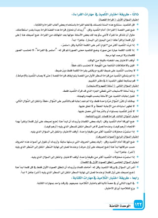 ‫الثامنة‬‫الوحدة‬ 122
:‫ة‬ ‫القرا‬ ‫ارا‬ ‫م‬ ‫يف‬ ‫التلمي‬‫اختبار‬‫ريقة‬ ‫ا‬‫الث‬
)‫الق�سة‬‫قراءة‬(:‫أول‬‫ل‬‫ا‬‫ؤال‬‫و‬‫ال�س‬‫اختبار‬
. ‫والكتابة‬‫القراءة‬‫ألعاب‬‫ا‬‫بع�س‬‫با�ستخدام‬‫القراءة‬‫تعلم‬‫يف‬‫حت�سنك‬‫ال�سنة‬‫هذه‬‫�سنتابع‬ ‫للتلميذ‬‫قل‬
.‫ا�ستطاعتك‬ ‫بقدر‬ ‫جيدة‬ ‫قراءة‬ ‫ة‬ ّ‫الق�س‬ ‫هذه‬ ‫قراءة‬ ‫حتاول‬ ‫أن‬‫ا‬ ‫أريدك‬‫ا‬” :‫وقل‬ ‫لميذ‬ِّ‫ت‬‫ال‬ ‫أمام‬‫ا‬ )‫(القراءة‬ ‫الق�سة‬ ‫ن�س‬ ‫�سع‬
‫(على‬ ‫هنا‬ ‫أ�سبعك‬‫ا‬ ‫�سع‬ .‫القراءة‬ ‫من‬ ‫انتهائك‬ ‫بعد‬ ‫حولها‬ ‫أ�سئلة‬‫ل‬‫ا‬ ‫بع�س‬ ‫لك‬ ‫أوجه‬‫ا‬‫�س‬ ‫أنني‬‫ل‬ ‫أه‬‫ا‬‫تقر‬ ‫ما‬ ‫تتذكر‬ ‫أن‬‫ا‬ ‫حاول‬
.‫أ‬‫ا‬‫ابد‬ ‫جاهز‬.)‫الي�سار‬‫إىل‬‫ا‬‫اليمن‬‫(من‬‫هكذا‬‫أ‬‫ا‬‫واقر‬)‫كلمة‬‫ل‬َّ‫و‬‫أ‬‫ا‬
. ْ‫ر‬‫ا�ستم‬ ‫وقل‬‫الية‬َّ‫ت‬‫ال‬‫الكلمة‬‫على‬‫أ�سر‬‫ا‬‫ثوان‬3‫من‬ َ ‫أك‬‫ا‬‫لميذ‬ِّ‫ت‬‫ال‬‫َّد‬‫د‬‫تر‬‫إذا‬‫ا‬
‫ال�سور‬ ‫حتت�سب‬ ‫ل‬ ،“‫القراءة‬ ‫يف‬ ‫”ا�ستمر‬ :‫له‬ ‫قل‬ ‫ثم‬ ‫ال�سورة‬ ‫معنى‬ ‫للتلميذ‬ ‫و�سح‬ ،‫�سورة‬ ‫عن‬ ‫عبارة‬ ‫الكلمة‬ ‫كانت‬ ‫إذا‬‫ا‬
.‫درجة‬‫لها‬‫تر�سد‬‫ول‬‫ككلمات‬
.‫الوقت‬‫من‬ ‫دقيقة‬‫انق�ساء‬‫بعد‬‫الختبار‬‫أوقف‬‫ا‬
.ً‫أ‬‫ا‬‫خط‬‫ذلك‬‫حتت�سب‬‫ل‬.‫هجة‬َّ‫ل‬‫ال‬‫عن‬‫اجتة‬ّ‫ن‬‫ال‬‫بالختالفات‬‫اقبل‬
.‫�سبط‬ َ‫ن‬‫دو‬‫فقط‬‫الكلمة‬‫بقراءة‬‫ويكتفى‬‫املقروء‬‫�سبط‬‫على‬‫لميذ‬ِّ‫ت‬‫ال‬‫يحا�سب‬‫ل‬
.)‫إحباط‬‫ل‬‫با‬‫لميذ‬ِّ‫ت‬‫ال‬‫ي�ساب‬‫ل‬‫(حتى‬‫الق�سة‬‫قراءة‬‫إيقاف‬‫ا‬‫يتم‬‫الق�سة‬‫من‬‫أول‬‫ل‬‫ا‬‫ال�سطر‬‫قراءة‬‫من‬‫لميذ‬ِّ‫ت‬‫ال‬‫يتمكن‬‫مل‬‫إذا‬‫ا‬
.‫التقييم‬‫دفرت‬‫يف‬‫التلميذ/ة‬‫تطور‬‫مبتابعة‬‫قم‬
)‫وال�ستيعاب‬‫الفهم‬‫أ�سئلة‬‫ا‬( ‫الثاين‬‫ؤال‬‫و‬‫ال�س‬‫اختبار‬
.‫فقط‬‫لميذ‬ِّ‫ت‬‫ال‬‫أه‬‫ا‬‫قر‬‫قد‬‫الذي‬‫اجلزء‬‫تغطي‬‫التي‬‫ال�ستيعاب‬‫أ�سئلة‬‫ا‬‫ه‬ّ‫وج‬
.‫ولهجته‬‫فهمه‬‫بح�سب‬‫أ�سئلة‬‫ل‬‫ا‬‫عن‬‫التلميذ‬‫إجابات‬‫ا‬‫تقبل‬
.‫ايل‬َّ‫ت‬‫ال‬‫ؤال‬‫و‬ُّ‫ال�س‬‫إىل‬‫ا‬‫وانتقل‬ ‫أ‬‫ا‬‫خط‬ ‫ؤال‬‫و‬ُّ‫ال�س‬‫على‬‫أ�سر‬‫ا‬‫بالت‬‫قم‬‫إجابة‬‫ا‬‫جتد‬‫مل‬‫إذا‬‫ا‬‫و‬،‫فقط‬‫واحدة‬‫ة‬َّ‫ر‬َ‫م‬‫ؤال‬‫و‬ُّ‫ال�س‬‫ر‬ِّ‫ر‬‫تك‬‫أن‬‫ا‬‫ميكنك‬
.‫عليها‬‫تعلق‬‫ل‬‫،و‬‫أ‬‫ا‬‫اخلط‬‫إجابة‬‫ل‬‫ا‬‫من‬‫ا�ستياءك‬‫تظهر‬‫ل‬
.‫عليها‬‫ح�سل‬‫تي‬َّ‫ل‬‫ا‬‫َّرجة‬‫د‬‫بال‬‫أو‬‫ا‬‫مب�ستواه‬‫لميذ‬ِّ‫ت‬‫لل‬ ْ‫ر‬ ِ‫�س‬ُ‫ت‬‫ل‬
:‫وال�سائعة‬‫املزج‬ ‫كلمات‬‫قراءة‬ ‫الثالث‬‫ؤال‬‫و‬ ُّ‫ال�س‬‫اختبار‬
‫بهذا‬ ‫أ‬‫ا‬‫وتقر‬ )‫كلمة‬ ‫أول‬‫ا‬ ‫على‬ ‫إ�سبعك‬‫ا‬ ‫(�سع‬ ‫هنا‬ ‫أ‬‫ا‬‫تبد‬ ‫أن‬‫ا‬ ‫أريدك‬‫ا‬‫و‬ ‫الكلمات‬ ‫بع�س‬ ‫إليك‬‫ا‬ :‫وقل‬ ‫لميذ‬ِّ‫ت‬‫ال‬ ‫أمام‬‫ا‬ ‫الورقة‬ ‫�سع‬
.)‫كيف‬‫أرهم‬‫ا‬(‫يليه‬‫الذي‬‫لل�سطر‬‫انتقل‬‫ال�سطر‬‫آخر‬‫ل‬‫ت�سل‬‫وعندما‬،)‫كيف‬‫أرهم‬‫ا‬(‫الجتاه‬
.‫يليه‬‫الذي‬‫ؤال‬‫و‬‫ال�س‬‫إىل‬‫ا‬‫وانتقل‬،‫الختبار‬‫أوقف‬‫ا‬،‫واحدة‬‫دقيقة‬‫من‬ ‫أك‬‫ا‬‫لميذ‬ِّ‫ت‬‫ال‬‫حماولت‬‫ت‬َّ‫ر‬‫ا�ستم‬‫إذا‬‫ا‬
:)‫احلروف‬‫أ�سوات‬‫ا‬(‫الرابع‬‫ؤال‬‫و‬‫ال�س‬‫اختبار‬
‫احلروف‬ ‫هذه‬ ‫أ�سوات‬‫ا‬ ‫يل‬ ‫تقول‬ ‫أن‬‫ا‬ ‫أريدك‬‫ا‬‫و‬ ،‫ا‬ً‫ق‬‫�ساب‬ ‫در�ستها‬ ‫التي‬ ‫احلروف‬ ‫بع�س‬ ‫إليك‬‫ا‬ : ‫وقل‬ ‫لميذ‬ِّ‫ت‬‫ال‬ ‫أمام‬‫ا‬ ‫الورقة‬ ‫�سع‬
‫يليه‬‫الذي‬‫طر‬َّ‫ال�س‬‫إىل‬‫ا‬‫انتقل‬ ‫طر‬َّ‫ال�س‬‫نهاية‬‫إىل‬‫ا‬‫ت�سل‬‫وعندما‬،)‫حرف‬‫أول‬‫ا‬‫على‬‫إ�سبعك‬‫ا‬‫(�سع‬‫هنا‬‫أ‬‫ا‬‫ابد‬‫حركاتها‬‫ح�سب‬
.‫أ‬‫ا‬‫ابد‬ ‫جاهز‬.)‫أ�سر‬‫ا‬(
.‫يليه‬‫الذي‬‫ؤال‬‫و‬‫ال�س‬‫إىل‬‫ا‬‫وانتقل‬،‫الختبار‬‫أوقف‬‫ا‬،‫واحدة‬ ‫دقيقة‬‫من‬ ‫أك‬‫ا‬‫لميذ‬ِّ‫ت‬‫ال‬‫حماولت‬‫ت‬َّ‫ر‬‫ا�ستم‬‫إذا‬‫ا‬
:)‫الكلمة‬‫يف‬‫أول‬‫ل‬‫ا‬‫ال�سوت‬‫(نطق‬‫اخلام�س‬‫ؤال‬‫و‬‫ال�س‬‫اختبار‬
‫هنا‬ ‫أ‬‫ا‬‫ابد‬ ‫كلمة‬ ‫كل‬ ‫يف‬ ‫فقط‬ ‫أول‬‫ل‬‫ا‬ ‫ال�سوت‬ ‫تنطق‬ ‫أن‬‫ا‬ ‫أريدك‬‫ا‬‫و‬ ‫كلمات‬ ‫أمامك‬‫ا‬ :‫له‬ ‫وقل‬ ‫التلميذ‬ ‫ورقة‬ ‫يف‬ ‫ؤال‬‫و‬‫ال�س‬ ‫إىل‬‫ا‬ ‫أ�سر‬‫ا‬
.‫أ‬‫ا‬‫ابد‬ ‫جاهز‬)‫أ�سر‬‫ا‬(‫يليه‬‫الذي‬‫ال�سطر‬‫إىل‬‫ا‬‫انتقل‬‫ال�سطر‬‫نهاية‬‫إىل‬‫ا‬‫ت�سل‬‫وعندما‬)‫كلمة‬‫أول‬‫ا‬‫على‬‫إ�سبعك‬‫ا‬‫(�سع‬
:‫الكتابة‬ ‫ارا‬ ‫م‬‫يف‬ ‫َّالمي‬‫ت‬‫ال‬‫اختبار‬‫ريقة‬ ‫رابعا‬
.‫الكتابة‬‫مبهارات‬‫واحد‬‫وقت‬‫يف‬ ‫جميعهم‬‫الميذ‬َّ‫ت‬‫ال‬‫باختبار‬‫قم‬‫تالية‬ ّ‫ة‬‫ح�س‬‫يف‬‫أو‬‫ا‬‫التايل‬‫اليوم‬‫يف‬
.‫الختبار‬‫أوراق‬‫ا‬‫للتالميذ‬‫وزع‬
 