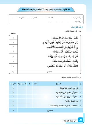 ‫الثامنة‬‫الوحدة‬ 124
:‫التالية‬‫ة‬ ّ‫الق�س‬‫أ‬‫ا‬‫اقر‬-1‫�س‬
:‫التالية‬‫أ�سئلة‬‫ل‬‫ا‬‫عن‬‫أجب‬‫ا‬-2‫�س‬
‫ال�سوا‬‫نعم‬‫ل‬‫ا�ستجابة‬‫ل‬‫الدرجة‬
1‫التالميذ‬‫ذهب‬‫أين‬‫ا‬‫إىل‬‫ا‬1
2‫أزهار‬‫ل‬‫ا‬‫فوق‬‫طالل‬‫أى‬‫ا‬‫ر‬‫ماذا‬1
3‫أ�سجار‬‫ل‬‫ا‬‫بن‬‫�سروق‬‫أت‬‫ا‬‫ر‬‫ماذا‬1
4‫حنان‬‫ذهبت‬‫أين‬‫ا‬1
5‫املعلمة‬‫نادتها‬‫عندما‬‫حنان‬‫قالت‬‫ماذا‬1
‫املجمو‬5
‫الثامنة‬‫الوحدة‬ ‫م‬ ‫ا‬ ‫النت‬‫بعد‬ ‫يعط‬ ‫اخلام�س‬‫الختبار‬
................:‫املدر�سة‬ ............:‫ال�سعبة‬ .................:‫ف‬ ّ‫ال�س‬ ................................... :‫التلميذ/ة‬ ‫ا�سم‬
............................................:‫�ة‬/‫م‬ّ‫ل‬‫املع‬‫ا�سم‬
4
‫الدرجة‬
‫املجموع‬
6
5
4
6
4
6
35
.ِ‫ة‬َ‫ق‬‫ي‬ِ‫د‬َ ْ‫احل‬ َ‫ىل‬ِ‫إ‬‫ا‬ ُ‫ذ‬‫ي‬ِ‫الم‬َّ‫ت‬‫ال‬ َ‫َب‬‫ه‬َ‫ذ‬
.ِ‫ر‬‫ها‬ْ‫ز‬َ‫أ‬ ْ‫ال‬ َ‫ق‬ْ‫و‬َ‫ف‬ ُ‫وف‬ ُ‫ط‬َ‫ي‬ َ‫ل‬ ْ‫ح‬َّ‫ن‬‫ال‬‫ل‬ َ‫ال‬َ‫ط‬‫ى‬َ‫أ‬‫ا‬َ‫ر‬
.ِ‫ر‬‫ا‬َ‫ج‬ْ‫أ�س‬ ْ‫ال‬ َ ْ‫ن‬َ‫ب‬‫ات‬َ‫ا�س‬َ‫ر‬َ‫ف‬ ُ‫وق‬ُ‫ر‬ُ‫�س‬ ْ‫ت‬َ‫أ‬‫ا‬‫ر‬َ‫و‬
ُ‫ان‬َ‫ن‬َ‫ح‬ َ‫ن‬ْ‫ي‬َ‫أ‬‫ا‬:ُ‫ة‬َ‫م‬ِّ‫ل‬َ‫ع‬ُ‫م‬ْ�‫ل‬‫ا‬ ِ‫ت‬َ‫ل‬َ‫أ‬‫ا‬َ‫�س‬
.َ‫ء‬‫ا‬َ‫ق‬ْ‫ر‬َ‫ز‬‫ة‬َ‫ر‬ُ‫ك‬ َ‫ء‬‫ا‬َ‫ر‬َ‫و‬ ْ‫ت‬َ‫ر‬َ‫ج‬:‫�سيم‬َ‫و‬ َ‫ل‬‫ا‬َ‫ق‬
.َ‫ن‬‫ا‬َ‫ن‬َ‫ح‬ ْ‫ت‬َ‫د‬‫ا‬َ‫ن‬َ‫و‬ ُ‫ة‬َ‫م‬ِّ‫ل‬َ‫ع‬ُ‫م‬�ْ‫ل‬‫ا‬ ِ‫ت‬َ‫ف‬َ‫ق‬َ‫و‬
.‫ِي‬‫ت‬َ‫م‬ِّ‫ل‬َ‫ع‬ُ‫م‬‫ا‬َ‫ي‬‫ة‬َ‫ف‬ ِ‫آ�س‬‫ا‬‫ا‬َ‫ن‬َ‫أ‬‫ا‬:ُ‫ان‬َ‫ن‬َ‫ح‬ ْ‫ت‬َ‫ل‬‫ا‬َ‫ق‬
:‫ة‬ ‫القرا‬:‫أول‬‫ا‬
 