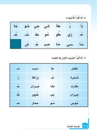 ‫الثامنة‬‫الوحدة‬ 128
:‫ات‬َ‫و‬ ْ‫�س‬َ‫أ‬ ْ‫ال‬ُ‫أ‬‫ا‬َ‫ر‬ْ‫ق‬َ‫أ‬‫ا‬‫ا‬َ‫ن‬َ‫أ‬‫ا‬
:‫الكلمة‬‫يف‬‫أول‬‫ل‬‫ا‬‫وت‬ َّ‫ال�س‬ُ‫أ‬‫ا‬َ‫ر‬ْ‫ق‬َ‫أ‬‫ا‬‫ا‬َ‫ن‬َ‫أ‬‫ا‬
‫ا‬َ‫ز‬ْ‫ز‬‫ا‬َ‫ط‬‫ي‬ ِ‫�س‬‫ي‬ ِ‫ج‬‫��سو‬‫ا‬َ‫ج‬
�ْ‫ح‬‫ِي‬‫ز‬‫و‬ ُ‫ط‬‫و‬ُ‫ح‬ِ‫�ط‬��َ‫��س‬���ُ‫ج‬
‫�ا‬َ‫�س‬‫ي‬ ِ‫��س‬�‫�ا‬َ‫ح‬�‫ي‬ ِ‫�س‬� ْ‫ج‬ِ‫�س‬
‫فل‬ ِ‫ط‬� ِ‫ط‬‫بب‬َ‫�س‬��َ‫�س‬
‫رة‬َ‫ج‬َ‫�س‬��َ‫�س‬‫رافة‬َ‫ز‬َ‫ز‬
‫ارت‬َ‫ط‬‫�ا‬�َ‫ط‬‫ربان‬ُ‫ج‬�ُ‫ج‬
‫ران‬ ِ‫ج‬��‫ي‬ ِ‫ج‬‫يور‬ ُ‫ط‬� ُ‫ط‬
‫و�س‬ُ‫�س‬‫�و‬�ُ‫�س‬‫مار‬ ِ‫ح‬�� ِ‫ح‬
 