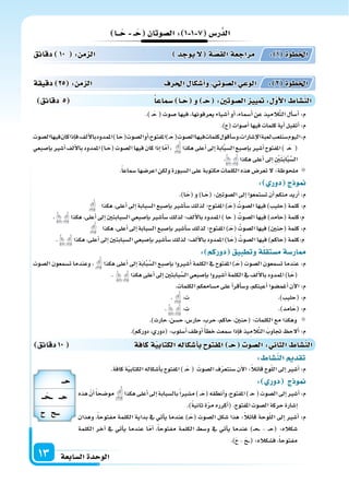 ‫ال�سابعة‬‫الوحدة‬13
‫دقائق‬ 5 ‫�سماعا‬ ‫ـا‬‫ح‬ ‫و‬ ‫ـ‬‫ح‬ :‫ال�سوتني‬ ‫يي‬ : ‫أو‬‫ل‬‫ا‬ ‫الن�سا‬
‫ــا‬‫ح‬ ‫ـ‬‫ح‬ ‫ال�سوتان‬: 1 1 7 ‫ر�س‬َّ‫الد‬
.) �َ‫ح‬ ( ‫�سوت‬ ‫فيها‬ ،‫يعرفونها‬ ‫أ�سياء‬‫ا‬ ‫أو‬‫ا‬ ،‫أ�سماء‬‫ا‬ ‫عن‬ ‫يذ‬ِ‫َّالم‬‫ت‬‫ال‬ ‫أل‬‫ا‬‫أ�س‬‫ا‬ :‫م‬
.)‫(ح‬‫أ�سوات‬‫ا‬‫فيها‬‫كلمات‬‫أية‬‫ا‬‫أتقبل‬‫ا‬:‫م‬
‫ال�سوت‬‫فيها‬‫كان‬‫إذا‬‫ا‬‫ف‬،‫ألف‬‫ل‬‫با‬‫املمدود‬)‫�ا‬َ‫ح‬(‫ال�سوت‬‫أو‬‫ا‬،‫املفتوح‬)�َ‫ح‬(‫ال�سوت‬‫فيها‬‫كلمات‬‫أقول‬‫ا‬‫و�س‬،‫إ�سارات‬‫ل‬‫ا‬‫لعبة‬‫�سنلعب‬‫اليوم‬:‫م‬
‫إ�سبعي‬‫ا‬‫ب‬‫أ�سر‬‫ا‬‫ألف‬‫ل‬‫با‬‫املمدود‬)‫�ا‬�َ‫(ح‬‫ال�سوت‬‫فيها‬‫كان‬‫إذا‬‫ا‬‫ا‬ّ‫أم‬‫ا‬، ‫هكذا‬‫أعلى‬‫ا‬‫إىل‬‫ا‬‫ابة‬َّ‫ب‬‫ال�س‬‫إ�سبع‬‫ا‬‫ب‬‫أ�سر‬‫ا‬‫املفتوح‬) �َ‫ح‬ (
. ‫هكذا‬‫أعلى‬‫ا‬‫إىل‬‫ا‬ ِ ْ‫ن‬َ‫ت‬َ‫ب‬‫ا‬َّ‫ب‬َّ‫ال�س‬
.ً‫ا‬‫�سماع‬‫اعر�سها‬‫ولكن‬‫ال�سبورة‬‫على‬‫مكتوبة‬‫الكلمات‬‫هذه‬‫تعر�س‬‫ل‬:‫ملحوظة‬
: ‫دور‬ ‫ج‬ ‫و‬
.)‫�ا‬َ‫(ح‬‫و‬)‫�ا‬�َ‫(ح‬:‫ال�سوتن‬‫إىل‬‫ا‬‫ت�ستمعوا‬‫أن‬‫ا‬‫منكم‬‫أريد‬‫ا‬:‫م‬
‫هكذا‬،‫أعلى‬‫ا‬‫إىل‬‫ا‬‫ال�سبابة‬‫إ�سبع‬‫ا‬‫ب‬‫أ�سر‬‫ا‬‫�س‬‫لذلك‬‫املفتوح؛‬)�َ‫(ح‬ ُ‫ال�سوت‬‫فيها‬)‫(حليب‬‫كلمة‬:‫م‬
. ‫هكذا‬،‫أعلى‬‫ا‬‫إىل‬‫ا‬‫ال�سبابتن‬‫إ�سبعي‬‫ا‬‫ب‬‫أ�سر‬‫ا‬‫�س‬‫لذلك‬‫ألف؛‬‫ل‬‫با‬‫املمدود‬)‫حا‬( ُ‫ال�سوت‬‫فيها‬)‫(حامد‬‫م:كلمة‬
‫هكذا‬،‫أعلى‬‫ا‬‫إىل‬‫ا‬‫ال�سبابة‬‫إ�سبع‬‫ا‬‫ب‬‫أ�سر‬‫ا‬‫�س‬‫لذلك‬‫املفتوح؛‬)�َ‫(ح‬ ُ‫ال�سوت‬‫فيها‬)‫(حنن‬‫كلمة‬:‫م‬
. ‫هكذا‬،‫أعلى‬‫ا‬‫إىل‬‫ا‬‫ال�سبابتن‬‫إ�سبعي‬‫ا‬‫ب‬‫أ�سر‬‫ا‬‫�س‬‫لذلك‬‫ألف؛‬‫ل‬‫با‬‫املمدود‬)‫�ا‬َ‫(ح‬ ُ‫ال�سوت‬‫فيها‬)‫(حاكم‬‫م:كلمة‬
: ‫دوركم‬ ‫وتطبيق‬‫ة‬‫م�ستقل‬‫ار�سة‬
‫ال�سوت‬ ‫ت�سمعون‬ ‫وعندما‬ ، ‫هكذا‬ ‫أعلى‬‫ا‬ ‫إىل‬‫ا‬ ‫ة‬َ‫ب‬‫ا‬َّ‫ب‬َّ‫ال�س‬ ‫إ�سبع‬‫ا‬‫ب‬ ‫أ�سروا‬‫ا‬ ‫الكلمة‬ ‫يف‬ ‫املفتوح‬ )�َ‫(ح‬ ‫ال�سوت‬ ‫ت�سمعون‬ ‫عندما‬ :‫م‬
. ‫هكذا‬‫أعلى‬‫ا‬‫إىل‬‫ا‬‫بابتن‬َّ‫ال�س‬‫إ�سبعي‬‫ا‬‫ب‬‫أ�سروا‬‫ا‬‫الكلمة‬‫يف‬‫ألف‬‫ل‬‫با‬‫املمدود‬)‫�ا‬َ‫(ح‬
.‫الكلمات‬‫م�سامعكم‬‫على‬‫أ‬‫ا‬‫أقر‬‫ا‬‫و�س‬،‫أعينكم‬‫ا‬‫أغم�سوا‬‫ا‬‫آن‬‫ل‬‫ا‬:‫م‬
. :‫ت‬ .)‫(حليب‬:‫م‬
. :‫ت‬ .)‫امد‬َ‫(ح‬:‫م‬
.)‫حارث‬،‫ح�سن‬،‫حار�س‬،‫حرب‬،‫حاكم‬،‫(حنن‬:‫الكلمات‬‫مع‬‫وهكذا‬
.)‫دوركم‬،‫(دوري‬:‫أ�سلوب‬‫ا‬‫أوظف‬‫ا‬ ً‫أ‬‫ا‬‫خط‬‫�سمعت‬‫إذا‬‫ا‬‫ف‬‫يذ‬ِ‫الم‬َّ‫ت‬‫ال‬ َ‫جتاوب‬ ‫ألح‬‫ا‬:‫م‬
‫دقيقة‬ 25 : ‫م‬ ‫ال‬ ‫احلرف‬ ‫أ�سكا‬‫ا‬‫و‬ ‫ال�سوتي‬‫الوعي‬ : 2 ‫اخلطوة‬
‫دقائق‬ 10 : ‫م‬ ‫ال‬ ‫يوجد‬‫ل‬ ‫ة‬‫الق�س‬‫مراجعة‬ : 1 ‫اخلطوة‬
‫دقائق‬10 ‫كافة‬‫ة‬‫الكتابي‬‫أ�سكاله‬‫ا‬‫ب‬ ‫املفتو‬ ‫ـ‬‫ح‬ ‫ال�سو‬: ‫الثا‬ ‫الن�سا‬
: ‫الن�سا‬ ‫تقد‬
.‫كافة‬‫ة‬ّ‫ي‬‫الكتاب‬‫أ�سكاله‬‫ا‬‫ب‬‫املفتوح‬)�َ‫ح‬( َ‫ال�سوت‬‫ف‬ّ‫ر‬‫�سنتع‬‫آن‬‫ل‬‫ا‬:ً‫ال‬‫قائ‬‫وح‬ّ‫ل‬‫ال‬‫إىل‬‫ا‬‫أ�سر‬‫ا‬:‫م‬
: ‫دور‬ ‫ج‬ ‫و‬
‫هذه‬ ّ‫أن‬‫ا‬ً‫ا‬‫مو�سح‬ ‫هكذا‬‫أعلى‬‫ا‬‫إىل‬‫ا‬‫بال�سبابة‬ً‫ا‬‫م�سر‬)��َ‫(ح‬‫أنطقه‬‫ا‬‫و‬،‫املفتوح‬)�‫ح‬(‫ال�سوت‬‫إىل‬‫ا‬‫أ�سر‬‫ا‬:‫م‬
.)ً‫ة‬‫ثاني‬‫ة‬ّ‫ر‬‫م‬‫أكرره‬‫ا‬(.‫املفتوح‬‫ال�سوت‬‫حركة‬‫إ�سارة‬‫ا‬
‫وهذان‬ ،ً‫ا‬‫مفتوح‬ ‫الكلمة‬ ‫بداية‬ ‫يف‬ ‫أتي‬‫ا‬‫ي‬ ‫عندما‬ )�َ‫(ح‬ ‫ال�سوت‬ ‫�سكل‬ ‫هذا‬ :ً‫ال‬‫قائ‬ ‫وحة‬ّ‫ل‬‫ال‬ ‫إىل‬‫ا‬ ‫أ�سر‬‫ا‬ :‫م‬
‫الكلمة‬ ‫آخر‬‫ا‬ ‫يف‬ ‫أتي‬‫ا‬‫ي‬ ‫عندما‬ ‫ا‬ّ‫أم‬‫ا‬ ،ً‫ا‬‫مفتوح‬ ‫الكلمة‬ ‫و�سط‬ ‫يف‬ ‫أتي‬‫ا‬‫ي‬ ‫عندما‬ )��‫ح‬�� - ��‫ح‬( :‫�سكاله‬
.)َ‫ح‬ - َ‫ح‬���( :‫ف�سكاله‬ ،ً‫ا‬‫مفتوح‬
‫حــ‬
‫ــ‬ ‫ــ‬ ‫حــ‬
‫ـــح‬
 