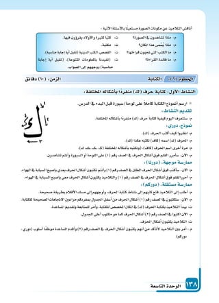 ‫التا�سعة‬‫الوحدة‬ 138
‫ال�سورة‬‫يف‬‫ت�ساهدون‬‫ماذا‬ :‫م‬
‫املكان‬‫هذا‬‫مى‬َّ‫�س‬ُ‫ي‬‫ماذا‬ :‫م‬
‫قراءتها‬‫حتبون‬‫التي‬‫الكتب‬‫ما‬ :‫م‬
‫القراءة‬‫فائدة‬‫ما‬ :‫م‬
.‫فيها‬‫ؤون‬‫و‬‫يقر‬‫أولد‬‫ل‬‫وا‬‫كثرة‬‫ا‬ً‫ب‬‫كت‬ :‫ت‬
.‫مكتبة‬ :‫ت‬
.)‫منا�سبة‬‫إجابة‬‫ا‬‫أية‬‫ا‬‫(تقبل‬‫الدينية‬‫الكتب‬،‫الق�س�س‬ :‫ت‬
‫إجابة‬‫ا‬ ‫أية‬‫ا‬ ‫(تقبل‬ ،)‫املتنوعة‬ ‫باملعلومات‬ ‫(تفيدنا‬ :‫ت‬
.‫ال�سواب‬‫إىل‬‫ا‬‫ووجههم‬)‫منا�سبة‬
:‫آتية‬‫ل‬‫ا‬‫أ�سئلة‬‫ل‬‫با‬‫ا‬ً‫ن‬‫م�ستعي‬‫ال�سورة‬‫مكونات‬‫عن‬‫التالميذ‬‫أناق�س‬‫ا‬
.‫الدر�س‬‫يف‬‫البدء‬‫قبل‬‫لوحة/�سبورة‬‫على‬ ً‫ال‬‫كام‬‫الكتابة‬‫أمنوذج‬‫ا‬‫ار�سم‬
: ‫الن�سا‬ ‫تقد‬
.‫املختلفة‬‫أ�سكاله‬‫ا‬‫ب‬‫ًا‬‫د‬‫منفر‬)‫(ك‬‫حرف‬‫كتابة‬‫كيفية‬‫اليوم‬‫�سنتعرف‬:‫م‬
: ‫دور‬ ‫ج‬ ‫و‬
.)‫(ك‬‫احلرف‬‫أكتب‬‫ا‬‫كيف‬‫انظروا‬:‫م‬
.)‫(ك‬‫هكذا‬‫نكتبه‬)‫(كاف‬‫ا�سمه‬)‫(ك‬‫احلرف‬:‫م‬
،)‫ك‬،‫�ك‬���،����‫ك‬���،��‫ك‬(‫املختلفة‬‫أ�سكاله‬‫ا‬‫ب‬‫(ونكتبه‬،)‫(كاف‬‫احلرف‬‫ا�سم‬‫أخرى‬‫ا‬‫مرة‬:‫م‬
.‫ت�ساهدون‬‫أنتم‬‫ا‬‫و‬‫ال�سبورة‬‫أو‬‫ا‬‫اللوحة‬‫على‬)1(‫رقم‬‫ال�سف‬‫يف‬‫احلرف‬‫أ�سكال‬‫ا‬‫فوق‬‫القلم‬‫أمرر‬‫ا‬‫�س‬-‫آن‬‫ل‬‫ا‬:‫م‬
: ‫دورنا‬ ‫ة‬ ‫موج‬‫ار�سة‬
.‫الهواء‬‫يف‬‫ال�سبابة‬‫إ�سبع‬‫ا‬‫ب‬‫بعدي‬‫احلرف‬‫أ�سكال‬‫ا‬‫تكتبون‬‫أنتم‬‫ا‬‫و‬)1(‫رقم‬‫ال�سف‬‫يف‬‫املظلل‬‫احلرف‬‫أ�سكال‬‫ا‬‫فوق‬‫أكتب‬‫ا‬‫�س‬-‫آن‬‫ل‬‫ا‬:‫م‬
.‫الهواء‬‫يف‬‫ال�سبابة‬‫إ�سبع‬‫ا‬‫ب‬‫معي‬‫احلرف‬‫أ�سكال‬‫ا‬‫يكتبون‬‫والتالميذ‬)1(‫رقم‬‫ال�سف‬‫يف‬‫احلرف‬‫أ�سكال‬‫ا‬‫فوق‬‫أمررالقلم‬‫ا‬:‫م‬
: ‫دوركم‬ ‫م�ستقلة‬‫ار�سة‬
.‫�سحيحة‬‫بطريقة‬‫أقالم‬‫ل‬‫ا‬‫م�سك‬‫إىل‬‫ا‬‫أوجههم‬‫ا‬‫و‬،‫احلرف‬‫كتابة‬‫ن�ساط‬‫إىل‬‫ا‬‫كتبهم‬‫فتح‬‫التالميذ‬‫إىل‬‫ا‬‫أطلب‬‫ا‬:‫م‬
.‫للكتابة‬‫ال�سحيحة‬‫الجتاهات‬‫مراعن‬‫مبفردكم‬‫اجلدول‬‫أ�سفل‬‫ا‬‫من‬‫احلرف‬‫أ�سكال‬‫ا‬)1(‫رقم‬‫ال�سف‬‫يف‬‫�ستكتبون‬-‫آن‬‫ل‬‫ا‬:‫م‬
.‫امل�ساعدة‬‫وتقدمي‬‫للمتابعة‬‫أمر‬‫ا‬‫و‬،‫للكتابة‬‫املخ�س�س‬‫املكان‬‫يف‬)‫(ك‬‫احلرف‬‫بكتابة‬‫التالميذ‬‫أ‬‫ا‬‫يبد‬:‫ت‬
.‫اجلدول‬‫أعلى‬‫ا‬‫مكتوب‬‫هو‬‫كما‬‫احلرف‬‫أ�سكال‬‫ا‬)2(‫رقم‬‫ال�سف‬‫يف‬‫اكتبوا‬‫آن‬‫ل‬‫ا‬:‫م‬
.‫احلرف‬‫أ�سكال‬‫ا‬‫يكتبون‬‫التالميذ‬:‫ت‬
، ‫(دوري‬ ‫أ�سلوب‬‫ا‬ ‫ا‬ً‫ف‬‫موظ‬ ‫امل�ساعدة‬ ‫أقدم‬‫ا‬‫و‬ )2( ‫رقم‬ ‫ال�سف‬ ‫يف‬ ‫احلرف‬ ‫أ�سكال‬‫ا‬ ‫يكتبون‬ ‫أنهم‬‫ا‬ ‫من‬ ‫أكد‬‫ا‬‫أت‬‫ل‬ ‫التالميذ‬ ‫بن‬ ‫أمر‬‫ا‬ :.‫م‬
)‫دوركم‬
‫دقائق‬ 10 : ‫م‬ ‫ال‬ ‫الكتابة‬ : 6 ‫اخلطوة‬
:‫تلفة‬ ‫امل‬‫أ�سكاله‬‫ا‬‫ب‬‫ا‬‫منفرد‬ ‫حرف‬‫كتابة‬: ‫أو‬‫ل‬‫ا‬ ‫الن�سا‬
 