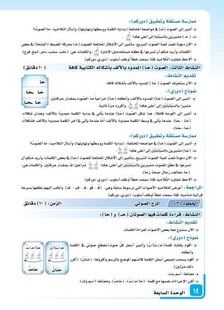‫ال�سابعة‬‫الوحدة‬ 14
: ‫دوركم‬ ‫وتطبيق‬‫ة‬‫م�ستقل‬‫ار�سة‬
ُ‫ال�سوت‬‫ما‬:‫التالميذ‬‫أل‬‫ا‬‫أ�س‬‫ا‬‫و‬،)‫ونهايتها‬‫وو�سطها‬‫الكلمة‬‫(بداية‬‫املختلفة‬‫موا�سعه‬‫يف‬)�َ‫(ح‬‫ال�سوت‬‫إىل‬‫ا‬‫أ�سر‬‫ا‬:‫م‬
. ‫هكذا‬‫أعلى‬‫ا‬‫إىل‬‫ا‬‫ابة‬َّ‫ب‬‫بال�س‬‫م�سرين‬)�َ‫ح‬(:‫ت‬
‫بع�س‬ ‫يف‬ )‫(الفتحة‬ ‫بط‬ ّ‫ال�س‬ ‫بحركة‬ )�َ‫(ح‬ ‫لل�سوت‬ ‫املختلفة‬ ‫أ�سكال‬‫ل‬‫ا‬ ‫إىل‬‫ا‬ ‫أ�سر‬‫ا‬‫�س‬ ،‫ال�سريع‬ ‫وت‬ ّ‫ال�س‬ َ‫ة‬‫لعب‬ ُ‫نلعب‬ ‫دعونا‬ ‫آن‬‫ل‬‫ا‬ :‫م‬
.)َ‫ح‬‫فر‬،َ‫ح‬‫�م‬‫ل‬،‫ر‬َ‫َح‬‫د‬،َ‫ب‬َ‫ح‬َ‫�س‬،َ‫لب‬َ‫(ح‬:‫هي‬،‫والكلمات‬، ‫إ�سارة‬‫ل‬‫ا‬‫م�ستخدمن‬‫نطقه‬‫يف‬‫ت�سرعوا‬‫أن‬‫ا‬‫منكم‬‫أريد‬‫ا‬‫و‬،‫الكلمات‬
.)‫دوركم‬،‫(دوري‬:‫أ�سلوب‬‫ا‬‫أوظف‬‫ا‬ ً‫أ‬‫ا‬‫خط‬‫�سمعت‬‫إذا‬‫ا‬‫ف‬‫يذ‬ِ‫الم‬َّ‫ت‬‫ال‬ َ‫جتاوب‬ ‫ألح‬‫ا‬:‫م‬
‫دقائق‬10 ‫كافة‬‫ة‬‫الكتابي‬‫أ�سكاله‬‫ا‬‫ب‬‫ألف‬‫ل‬‫با‬‫املمدود‬ ‫ـا‬‫ح‬ ‫ال�سو‬: ‫الثال‬ ‫الن�سا‬
:‫كاله‬َ‫�س‬ ‫وهذان‬ ،‫ألف‬‫ل‬‫با‬ ‫ًا‬‫د‬‫ممدو‬ ‫الكلمة‬ ‫بداية‬ ‫يف‬ ‫أتي‬‫ا‬‫ي‬ ‫عندما‬ )‫�ا‬�َ‫(ح‬ ‫وت‬ َّ‫ال�س‬ ‫�سكل‬ ‫هذا‬ :ً‫ال‬‫قائ‬ ‫وحة‬ّ‫ل‬‫ال‬ ‫إىل‬‫ا‬ ‫أ�سر‬‫ا‬ :‫م‬
:ُ‫ه‬‫ال‬ْ‫ك‬َ‫ف�س‬ ،‫ألف‬‫ل‬‫با‬ ً‫ا‬‫ممدود‬ ‫الكلمة‬ ‫آخر‬‫ا‬ ‫يف‬ ‫أتي‬‫ا‬‫ي‬ ‫عندما‬ ‫ا‬ّ‫أم‬‫ا‬ ،‫ألف‬‫ل‬‫با‬ ‫ًا‬‫د‬‫ممدو‬ ‫الكلمة‬ ‫و�سط‬ ‫يف‬ ‫أتي‬‫ا‬‫ي‬ ‫ندما‬ِ‫ع‬ )‫�ا‬َ‫�ح‬� - ‫�ا‬�َ‫(ح‬
.)‫�ا‬�َ‫�ح‬��،‫�ا‬�َ‫(ح‬
: ‫دوركم‬ ‫وتطبيق‬‫ة‬‫م�ستقل‬‫ار�سة‬
ُ‫وت‬ ّ‫ال�س‬‫ما‬:‫التالميذ‬‫أل‬‫ا‬‫أ�س‬‫ا‬‫و‬،)‫ونهايتها‬‫وو�سطها‬‫الكلمة‬‫(بداية‬:‫املختلفة‬‫موا�سعه‬‫يف‬)‫�ا‬�َ‫(ح‬‫وت‬ َّ‫ال�س‬‫إىل‬‫ا‬‫أ�سر‬‫ا‬:‫م‬
. ‫هكذا‬‫أعلى‬‫ا‬‫إىل‬‫ا‬ ِ ْ‫ن‬َ‫ت‬َ‫ب‬‫ا‬َّ‫ب‬ّ‫بال�س‬‫م�سرين‬)‫�ا‬�َ‫(ح‬:‫ت‬
‫أن‬‫ا‬ ‫منكم‬ ‫أريد‬‫ا‬‫و‬ ،‫الكلمات‬ ‫بع�س‬ ‫يف‬ )‫�ا‬�َ‫(ح‬ ‫لل�سوت‬ ‫املختلفة‬ ِ‫أ�سكال‬‫ل‬‫ا‬ ‫إىل‬‫ا‬ ‫أ�سر‬‫ا‬‫�س‬ ،‫ريع‬ّ‫ال�س‬ ِ‫وت‬ ّ‫ال�س‬ َ‫ة‬‫لعب‬ ُ‫نلعب‬ ‫دعونا‬ ‫آن‬‫ل‬‫ا‬ :‫م‬
:‫هي‬‫والكلمات‬.ِ‫ن‬‫حركت‬‫قدار‬ ِ‫مب‬ ّ‫د‬‫امل‬‫راعن‬ُ‫م‬ ‫هكذا‬،‫أعلى‬‫ا‬‫إىل‬‫ا‬ ِ ْ‫ن‬َ‫ت‬َ‫ب‬‫ا‬َّ‫ب‬ّ‫بال�س‬‫م�سرين‬،‫وت‬ ّ‫ال�س‬‫نطق‬‫يف‬‫ت�سرعوا‬
.)‫ا‬َ‫ح‬َ‫ر‬،‫�سحا‬،‫حال‬َ‫ر‬،‫حتالف‬،‫(حا‬
.)‫دوركم‬،‫(دوري‬:‫أ�سلوب‬‫ا‬‫أوظف‬‫ا‬ ً‫أ‬‫ا‬‫خط‬‫�سمعت‬‫إذا‬‫ا‬‫ف‬‫يذ‬ِ‫الم‬َّ‫ت‬‫ال‬ َ‫جتاوب‬ ‫ألح‬‫ا‬:‫م‬
‫ب�سرعة‬ ‫نطقها‬ ‫إليهم‬‫ا‬ ‫أطلب‬‫ا‬‫و‬ ) ْ‫ف‬ - ��‫ي‬ِ‫ف‬ - ��ِ‫ف‬ ، ‫و‬ُ‫ف‬ - ��ُ‫ف‬( :‫وهي‬ ‫ا‬ً‫ق‬‫�ساب‬ ‫در�سوها‬ ‫التي‬ ‫أ�سوات‬‫ل‬‫ا‬ ‫للتالميذ‬ ‫أعر�س‬‫ا‬ :‫املراجعة‬
.)‫دوركم‬،‫(دوري‬:‫أ�سلوب‬‫ا‬‫أوظف‬‫ا‬‫أ‬‫ا‬‫خط‬‫�سمعت‬‫إذا‬‫ا‬‫ف‬،‫منا�سبة‬‫قرائية‬
: ‫الن�سا‬ ‫تقد‬
.‫كافة‬‫أ�سكاله‬‫ا‬‫ب‬‫ألف‬‫ل‬‫با‬‫املمدود‬)‫�ا‬َ‫ح‬(‫ال�سوت‬‫ف‬ّ‫ر‬‫�سنتع‬‫آن‬‫ل‬‫ا‬:‫م‬
: ‫دور‬ ‫ج‬ ‫و‬
،‫حركتن‬‫مبقدار‬‫وت‬ َّ‫ال�س‬ ّ‫د‬‫م‬ً‫ا‬‫مراعي‬،)‫�ا‬�َ‫(ح‬‫أنطقه‬‫ا‬‫و‬،‫ألف‬‫ل‬‫با‬‫املمدود‬)‫�ا‬�َ‫(ح‬‫ال�سوت‬‫إىل‬‫ا‬‫أ�سر‬‫ا‬ :‫م‬
.ً‫ة‬‫ثاني‬ ً‫ة‬ّ‫ر‬‫م‬ ‫أكرره‬‫ا‬‫و‬ ، ‫هكذا‬ ‫أعلى‬‫ا‬ ‫إىل‬‫ا‬ ِ ْ‫ن‬َ‫ت‬َ‫ب‬‫ا‬َّ‫ب‬ّ‫بال�س‬ ‫ا‬ً‫ر‬‫م�س‬
: ‫الن�سا‬ ‫تقد‬
.‫الكلمات‬‫لقراءة‬ ِ‫أ�سوات‬‫ل‬‫ا‬‫بع�س‬ً‫ا‬‫مع‬ ُ‫ج‬‫�سنمز‬ َ‫ن‬‫آ‬‫ل‬‫ا‬:‫م‬
: ‫دور‬ ‫ج‬ ‫و‬
‫الكلمة‬ ‫يف‬ ّ‫�سوتي‬ ‫�سوت/مقطع‬ ِّ‫ل‬‫ك‬ ‫أ�سفل‬‫ا‬ ‫أ�سر‬‫ا‬‫و‬ )ُ‫�ا/ن‬�َ‫ن‬���/��َ‫كلمة(ح‬ ‫بكتابة‬ ‫أقوم‬‫ا‬ :‫م‬
‫دقائق‬ 10 : ‫م‬ ‫ال‬ ‫وتي‬‫ال�س‬‫ج‬ ‫امل‬ : 3 ‫اخلطوة‬
: ‫حا‬ ‫و‬ ‫ــ‬‫ح‬ ‫ال�سوتان‬‫ا‬ ‫في‬ ‫كلما‬‫ة‬ ‫قرا‬: ‫الن�سا‬
.‫أنطقه‬‫ا‬‫و‬
‫أكرر‬‫ا‬( )ُ‫ان‬َ‫ن‬َ‫(ح‬ :‫ؤها‬‫و‬‫أقر‬‫ا‬‫و‬ ‫�سم‬ّ‫ر‬‫بال‬ ‫املو�سح‬ ‫هم‬ّ‫كال�س‬ ‫الكلمة‬ ‫أ�سفل‬‫ا‬ ‫إ�سبعي‬‫ا‬ ‫ب�سحب‬ ‫أقوم‬‫ا‬ :‫م‬
.)‫تن‬ّ‫ر‬‫م‬‫ذلك‬
.‫بنت‬‫ا�سم‬:‫معناها‬:‫م‬
.)‫ولد‬‫ومعناها:(ا�سم‬.)ُ‫د‬ِ‫ام‬َ‫(ح‬،)ُ‫د‬���/��ِ‫ا/م‬َ‫:(ح‬‫كلمة‬‫مع‬‫نف�سها‬‫إجراءات‬‫ل‬‫ا‬‫أكرر‬‫ا‬:‫م‬
‫حا‬
‫ـا‬ ‫ــ‬ ‫ـا‬‫ح‬
‫ــا‬ ‫ــ‬ ‫ـا‬‫ح‬
ُ‫د‬��/��ِ‫�ا/م‬َ‫ح‬
ُ‫ِد‬‫م‬‫ا‬‫ح‬
ُ‫�ا/ن‬َ‫ن‬��/��َ‫ح‬
ُ‫ان‬‫ن‬‫ح‬
 