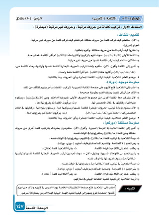 ‫التا�سعة‬‫الوحدة‬147
: ‫الن�سا‬ ‫تقد‬
.‫مرتبة‬‫غر‬‫حروف‬‫من‬‫كلمة‬‫نركب‬‫كيف‬‫نتعلم‬‫ثم‬،‫مفككة‬‫حروف‬‫من‬‫كلمة‬‫نركب‬‫كيف‬‫�سنتعلم‬-‫آن‬‫ل‬‫ا‬:‫م‬
:)‫(دوري‬‫منوذج‬
.‫بنطقها‬‫أقوم‬‫ا‬‫و‬،‫مفككة‬‫حروف‬‫من‬‫كلمة‬‫أركب‬‫ا‬‫كيف‬‫انظروا‬:‫م‬
.‫واحدة‬‫دفعة‬‫الكلمة‬‫أ‬‫ا‬‫أقر‬‫ا‬‫ثم‬)‫(الكتب‬‫هكذا‬‫أكتبها‬‫ا‬‫و‬‫برتكيبها‬‫أقوم‬‫ا‬‫�سوف‬،)‫�ب‬��/���‫ت‬���/��‫ك‬���/��‫ل‬‫(ا‬‫أوىل‬‫ل‬‫ا‬‫الكلمة‬:‫م‬
.‫مرتبة‬‫غر‬‫حروف‬‫من‬‫نف�سها‬‫الكلمة‬‫نركب‬‫كيف‬‫�سنتعلم‬‫آن‬‫ل‬‫ا‬‫أما‬‫ا‬:‫م‬
:‫هي‬ ‫الكلمة‬ ‫وهذه‬ ،‫أركبها‬‫ا‬‫و‬ ‫نف�سها‬ ‫للكلمة‬ ‫ة‬ ‫املبع‬ ‫احلروف‬ ‫ترتيب‬ ‫إعادة‬‫ا‬‫ب‬ ‫أقوم‬‫ا‬‫�س‬ -‫آن‬‫ل‬‫ا‬ :‫أقول‬‫ا‬‫و‬ ‫الكلمة‬ ‫إىل‬‫ا‬ ‫أ�سر‬‫ا‬ :‫م‬
.‫واحدة‬‫دفعة‬‫الكلمة‬‫أ‬‫ا‬‫أقر‬‫ا‬‫ثم‬.)‫هكذا(الكتب‬‫أكتبها‬‫ا‬‫و‬،)���‫ل‬‫ا‬/‫�ب‬��/����‫ت‬����/���‫ك‬���(
.‫بالكتابة‬ ‫أ‬‫ا‬‫يبد‬ ‫احلروف‬ ‫أي‬‫ا‬‫وب‬ ‫ة‬ ‫املبع‬ ‫الكلمة‬ ‫تركيب‬ ‫كيفية‬ ‫للتالميذ‬ ‫املعلم‬ ‫يو�سح‬ •
: ‫دورنا‬ ‫ه‬ ‫موج‬‫ار�سة‬
.‫ذلك‬‫من‬‫أكد‬‫ا‬‫للت‬‫بينهم‬‫أمر‬‫ا‬‫و‬،‫الكلمات‬‫لرتكيب‬‫التعبرية‬‫الكتابة‬‫�سفحة‬‫على‬‫كتبهم‬‫فتح‬‫التالميذ‬‫إىل‬‫ا‬‫أطلب‬‫ا‬:‫م‬
.‫�سحيحة‬‫بطريقة‬‫القلم‬‫مي�سك‬‫تلميذ‬‫كل‬‫أن‬‫ا‬‫من‬‫أكد‬‫ا‬‫أت‬‫ا‬:‫م‬
‫و�سنقوم‬ ، )‫�ب‬��/���‫ت‬���/��‫ك‬���/��‫ل‬‫(ا‬ ‫وهي‬ ‫أمامكم‬‫ا‬ ‫املعرو�سة‬ ‫أوىل‬‫ل‬‫ا‬ ‫احلروف‬ ‫جمموعة‬ ‫من‬ ‫أوىل‬‫ل‬‫ا‬ ‫الكلمة‬ ‫معا‬ ‫كب‬ ‫�س‬ ‫آن‬‫ل‬‫ا‬ :‫م‬
.‫معا‬‫ؤونها‬‫و‬‫يقر‬‫ثم‬‫الكلمة‬‫بون‬ِّ‫ك‬‫ير‬:‫م.ت‬ .‫لها‬‫املخ�س�س‬‫املكان‬‫يف‬‫وكتابتها‬،‫بقراءتها‬
‫املكان‬ ‫يف‬ ‫وكتابتها‬ ، ‫بقراءتها‬ ‫و�سنقوم‬ ، ‫معا‬ ‫كبها‬ ‫و�س‬ ‫نف�سها‬ ‫للكلمة‬ ‫ة‬ ‫املبع‬ ‫احلروف‬ ‫ترتيب‬ ‫إعادة‬‫ا‬‫ب‬ ‫�سنقوم‬ ‫آن‬‫ل‬‫ا‬ :‫م‬
.‫معا‬‫ؤونها‬‫و‬‫يقر‬‫ثم‬‫الكلمة‬‫بون‬ِّ‫ك‬‫ير‬:‫م.ت‬ .)���‫ل‬‫ا‬/‫�ب‬��/����‫ت‬����/���‫ك‬���(‫هي‬‫الكلمة‬.‫لها‬‫املخ�س�س‬
.‫بالكتابة‬ ‫أ‬‫ا‬‫يبد‬ ‫احلروف‬ ‫أي‬‫ا‬‫وب‬ ‫ة‬ ‫املبع‬ ‫الكلمة‬ ‫تركيب‬ ‫كيفية‬ ‫للتالميذ‬ ‫املعلم‬ ‫يو�سح‬ •
: ‫دوركم‬ ‫م�ستقلة‬‫ار�سة‬
‫حروف‬ ‫من‬ ‫أخرى‬‫ا‬ ‫كلمة‬ ‫برتكيب‬ ‫مبفردكم‬ ‫�ستقومون‬ -‫آن‬‫ل‬‫ا‬ :‫أقول‬‫ا‬‫و‬ ‫اللوحة/ال�سبورة‬ ‫يف‬ ‫التالية‬ ‫الكلمة‬ ‫إىل‬‫ا‬ ‫أ�سر‬‫ا‬ :‫م‬
.‫نف�سه‬‫الوقت‬‫يف‬‫ؤونها‬‫و‬‫و�ستقر‬)‫�كا/ن‬���/���‫م‬(‫كلمة‬‫وهي‬‫مفككة‬
.‫نف�سه‬‫الوقت‬‫يف‬‫ؤونها‬‫و‬‫ويقر‬،‫كتبهم‬‫يف‬،)‫�كا/ن‬���/���‫م‬(‫كلمة‬‫تركيب‬‫يف‬‫التالميذ‬‫أ‬‫ا‬‫يبد‬:‫ت‬
.)‫دورك‬،‫دوري‬(‫أ�سلوب‬‫ا‬‫بتوظيف‬‫امل�ساعدة‬‫وتقدمي‬،‫للمتابعة‬‫�ة‬/‫املعلم‬‫مير‬:‫م‬
.)‫(مكان‬‫كلمة‬‫التالميذ‬‫أ‬‫ا‬‫يقر‬:‫ت‬ .‫الكلمة‬‫قراءة‬‫التالميذ‬‫إىل‬‫ا‬‫املعلم‬‫يطلب‬:‫م‬
‫وتركيبها‬ ‫نف�سها‬ ‫للكلمة‬ ‫ة‬ ‫املبع‬ ‫احلروف‬ ‫ترتيب‬ ‫تعيدون‬ ‫�سوف‬ – ‫آن‬‫ل‬‫ا‬ :‫ويقول‬ ،‫ال�سبورة‬ /‫اللوحة‬ ‫إىل‬‫ا‬ ‫املعلم‬ ‫ي�سر‬ :‫م‬
.‫نف�سه‬‫الوقت‬‫يف‬‫ؤونها‬‫و‬‫تقر‬‫و�سوف‬،)���‫م‬/‫�كا/ن‬���(
.‫نف�سه‬‫الوقت‬‫يف‬‫ؤونها‬‫و‬‫ويقر‬،)���‫م‬/‫�كا/ن‬���(‫كلمة‬‫تركيب‬‫يف‬‫التالميذ‬‫أ‬‫ا‬‫يبد‬:‫ت‬
.)‫دورك‬،‫دوري‬(‫أ�سلوب‬‫ا‬‫بتوظيف‬‫امل�ساعدة‬‫وتقدمي‬،‫للمتابعة‬‫�ة‬/‫املعلم‬‫مير‬:‫م‬
.)‫مكان‬(‫كلمة‬‫التالميذ‬‫أ‬‫ا‬‫يقر‬:‫ت‬ .‫الكلمة‬‫قراءة‬‫التالميذ‬‫إىل‬‫ا‬‫املعلم‬‫يطلب‬:‫م‬
.‫منازلهم‬‫يف‬‫البيتي‬‫الن�ساط‬‫تنفيذ‬‫كيفية‬‫إىل‬‫ا‬‫التالميذ‬‫أوجه‬‫ا‬:‫م‬
‫دقائق‬ 10 : ‫م‬ ‫ال‬ ‫التعبري‬ ‫الكتابة‬ : 7 ‫اخلطوة‬
. ‫ة‬ ‫مبع‬ ‫مرتبة‬‫ري‬ ‫وحروف‬ ‫مرتبة‬‫حروف‬ ‫م‬ ‫كلما‬ ‫تركي‬: ‫أو‬‫ل‬‫ا‬ ‫الن�سا‬
‫أنهم‬‫ا‬ ‫من‬ ‫أكد‬‫ا‬‫وت‬ ‫كتبهم‬ ‫يف‬ ‫الدر�س‬ ‫بهذا‬ ‫اخلا�سة‬ ‫التطبيقات‬ ‫�سفحة‬ ‫فتح‬ ‫التالميذ‬ ‫إىل‬‫ا‬ ‫اطلب‬
.‫أ�سرهم‬‫ا‬‫مب�ساركة‬‫الدر�س‬‫لهذا‬‫البيتية‬‫املهمة‬‫تنفيذ‬‫كيفية‬‫إىل‬‫ا‬‫وجههم‬‫ثم‬‫ال�سفحة‬‫فتحوا‬
:‫تنبيه‬
 