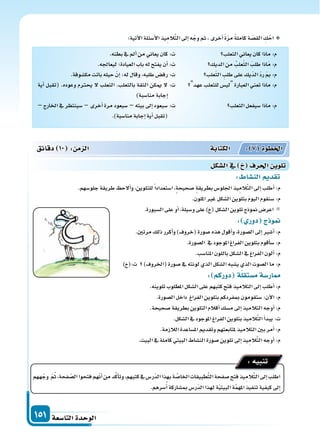 ‫التا�سعة‬‫الوحدة‬151
:‫آتية‬‫ل‬‫ا‬‫أ�سئلة‬‫ل‬‫ا‬‫يذ‬ِ‫الم‬َّ‫ت‬‫ال‬‫إىل‬‫ا‬‫ه‬ّ‫وج‬‫ثم‬،‫أخرى‬‫ا‬ ً‫ة‬ّ‫ر‬‫م‬ ً‫ة‬‫كامل‬‫ة‬ ّ‫الق�س‬ ِ‫ك‬ْ‫اح‬
: ‫الن�سا‬ ‫تقد‬
.‫جلو�سهم‬‫طريقة‬ ‫ألح‬‫ا‬‫و‬،‫للتلوين‬ً‫ا‬‫ا�ستعداد‬،‫�سحيحة‬ ‫بطريقة‬‫اجللو�س‬‫يذ‬ِ‫الم‬َّ‫ت‬‫ال‬‫إىل‬‫ا‬‫أطلب‬‫ا‬:‫م‬
.‫امللون‬‫غر‬‫ال�سكل‬‫بتلوين‬ َ‫م‬‫اليو‬‫�سنقوم‬:‫م‬
.‫ال�سبورة‬‫على‬‫أو‬‫ا‬،‫و�سيلة‬‫على‬) (‫ال�سكل‬‫تلوين‬‫منوذج‬‫اعر�س‬
: ‫دور‬ ‫ج‬ ‫و‬
.‫مرتن‬‫ذلك‬‫أكرر‬‫ا‬‫و‬)‫(خروف‬‫�سورة‬‫هذه‬‫أقول‬‫ا‬‫و‬،‫ال�سورة‬‫إىل‬‫ا‬‫أ�سر‬‫ا‬:‫م‬
.‫ال�سورة‬ ‫يف‬‫املوجود‬‫الفراغ‬‫بتلوين‬‫أقوم‬‫ا‬‫�س‬:‫م‬
.‫املنا�سب‬‫باللون‬‫ال�سكل‬‫يف‬‫الفراغ‬‫ألون‬‫ا‬:‫م‬
) (:‫ت‬ )‫(اخلروف‬‫�سورة‬‫يف‬‫لونته‬‫الذي‬‫ال�سكل‬‫ي�سبه‬‫الذي‬‫ال�سوت‬‫ما‬:‫م‬
: ‫دوركم‬ ‫ة‬‫م�ستقل‬‫ار�سة‬
.‫تلوينه‬‫املطلوب‬‫ال�سكل‬‫على‬‫كتبهم‬‫فتح‬‫التالميذ‬‫إىل‬‫ا‬‫أطلب‬‫ا‬:‫م‬
.‫ال�سورة‬‫داخل‬ ‫الفراغ‬‫بتلوين‬‫مبفردكم‬‫�ستقومون‬:‫آن‬‫ل‬‫ا‬:‫م‬
.‫�سحيحة‬‫بطريقة‬‫التلوين‬‫أقالم‬‫ا‬‫م�سك‬‫إىل‬‫ا‬‫التالميذ‬‫أوجه‬‫ا‬:‫م‬
.‫ال�سكل‬‫يف‬‫املوجود‬‫الفراغ‬‫بتلوين‬‫يذ‬ِ‫الم‬َّ‫ت‬‫ال‬‫أ‬‫ا‬‫يبد‬:‫ت‬
.‫الالزمة‬‫امل�ساعدة‬‫وتقدمي‬‫ملتابعتهم‬‫التالميذ‬‫بن‬‫أمر‬‫ا‬:‫م‬
.‫البيت‬‫يف‬‫كاملة‬‫البيتي‬‫الن�ساط‬‫�سورة‬‫تلوين‬‫إىل‬‫ا‬‫يذ‬ِ‫الم‬َّ‫ت‬‫ال‬‫أوجه‬‫ا‬:‫م‬
‫ههم‬ّ‫وج‬ ّ‫م‬ُ‫ث‬،‫فحة‬ ّ‫ال�س‬‫فتحوا‬‫هم‬ّ‫ن‬‫أ‬‫ا‬‫من‬‫د‬َّ‫ك‬‫أ‬‫ا‬‫وت‬،‫كتبهم‬‫يف‬‫ّر�س‬‫د‬‫ال‬‫بهذا‬‫ة‬ َّ‫اخلا�س‬‫طبيقات‬َّ‫ت‬‫ال‬‫�سفحة‬‫فتح‬‫يذ‬ِ‫الم‬َّ‫ت‬‫ال‬‫إىل‬‫ا‬‫اطلب‬
.‫�سرهم‬ُ‫أ‬‫ا‬‫مب�ساركة‬‫ّر�س‬‫د‬‫ال‬‫لهذا‬‫ة‬ّ‫ي‬‫البيت‬‫ة‬َّ‫م‬‫امله‬‫تنفيذ‬‫كيفية‬‫إىل‬‫ا‬
:‫تنبيه‬
‫دقائق‬ 10 : ‫م‬ ‫ال‬ ‫الكتابة‬ : 7 ‫اخلطوة‬
‫ال�سكل‬‫يف‬ ‫احلرف‬ ‫تلوي‬
‫الثعلب‬‫يعاين‬‫كان‬‫ماذا‬:‫م‬
‫الديك‬‫من‬ ُ‫علب‬ّ‫ث‬‫ال‬ َ‫طلب‬‫اذا‬َ‫م‬:‫م‬
‫علب‬ّ‫ث‬‫ال‬ ِ‫طلب‬‫على‬‫ّيك‬‫د‬‫ال‬ ّ‫د‬‫ر‬ َ :‫م‬
"‫عهد‬‫للثعلب‬‫"لي�س‬‫العبارة‬‫تعني‬‫ماذا‬:‫م‬
‫الثعلب‬‫�سيفعل‬‫ماذا‬:‫م‬
.‫بطنه‬‫يف‬‫أمل‬‫ا‬‫من‬‫يعاين‬‫كان‬:‫ت‬
.‫ليعاجله‬‫العيادة؛‬‫باب‬‫له‬‫يفتح‬‫أن‬‫ا‬:‫ت‬
.‫مك�سوفة‬‫باتت‬‫حيله‬ ّ‫إن‬‫ا‬:‫له‬‫وقال‬،‫طلبه‬‫رف�س‬:‫ت‬
‫أية‬‫ا‬ ‫(تقبل‬ .‫وعوده‬ ‫يحرتم‬ ‫ل‬ ‫الثعلب‬ .‫بالثعلب‬ ‫الثقة‬ ‫ميكن‬ ‫ل‬ :‫ت‬
)‫منا�سبة‬‫إجابة‬‫ا‬
– ‫اخلارج‬ ‫يف‬ ‫�سينتظر‬ – ‫أخرى‬‫ا‬ ‫مرة‬ ‫�سيعود‬ – ‫بيته‬ ‫إىل‬‫ا‬ ‫�سيعود‬ :‫ت‬
.)‫منا�سبة‬‫إجابة‬‫ا‬‫أية‬‫ا‬‫(تقبل‬
 