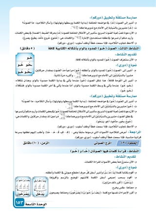 ‫التا�سعة‬‫الوحدة‬153
‫دقائق‬5 ‫كافة‬‫ة‬‫الكتابي‬‫أ�سكاله‬‫ا‬‫ب‬‫بالواو‬‫املمدود‬ ‫ــو‬ ُ‫خ‬ ‫ال�سو‬: ‫الثال‬ ‫الن�سا‬
:‫كاله‬َ‫�س‬ ‫وهذان‬ ،‫بالواو‬ ‫ًا‬‫د‬‫ممدو‬ ‫الكلمة‬ ‫بداية‬ ‫يف‬ ‫أتي‬‫ا‬‫ي‬ ‫عندما‬ )‫�و‬�ُ‫(خ‬ ‫ال�سوت‬ ‫�سكل‬ ‫هذا‬ :ً‫ال‬‫قائ‬ ‫وحة‬ّ‫ل‬‫ال‬ ‫إىل‬‫ا‬ ‫أ�سر‬‫ا‬ :‫م‬
:ُ‫ه‬‫ال‬ْ‫ك‬َ‫ف�س‬ ،‫بالواو‬ ً‫ا‬‫ممدود‬ ‫الكلمة‬ ‫آخر‬‫ا‬ ‫يف‬ ‫أتي‬‫ا‬‫ي‬ ‫عندما‬ ‫ا‬ّ‫أم‬‫ا‬ ،‫بالواو‬ ‫ًا‬‫د‬‫ممدو‬ ‫الكلمة‬ ‫و�سط‬ ‫يف‬ ‫أتي‬‫ا‬‫ي‬ ‫ندما‬ِ‫ع‬ )‫�و‬�ُ‫خ‬ ،‫�و‬� ُ‫�خ‬��(
.)‫�و‬�ُ‫خ‬،‫�و‬� ُ‫�خ‬��(
: ‫دوركم‬ ‫وتطبيق‬‫ة‬‫م�ستقل‬‫ار�سة‬
ُ‫وت‬ ّ‫ال�س‬‫ما‬:‫التالميذ‬‫أل‬‫ا‬‫أ�س‬‫ا‬‫و‬،)‫ونهايتها‬‫وو�سطها‬‫الكلمة‬‫(بداية‬:‫املختلفة‬‫موا�سعه‬‫يف‬)‫�و‬�ُ‫(خ‬‫وت‬ َّ‫ال�س‬‫إىل‬‫ا‬‫أ�سر‬‫ا‬:‫م‬
. ‫هكذا‬‫تدويرهما‬‫مع‬‫أمام‬‫ل‬‫ا‬‫إىل‬‫ا‬ ِ ْ‫ن‬َ‫ت‬َ‫ب‬‫ا‬َّ‫ب‬ّ‫بال�س‬‫م�سرين‬)‫�و‬�ُ‫(خ‬:‫ت‬
‫ت�سرعوا‬‫أن‬‫ا‬‫منكم‬‫أريد‬‫ا‬‫و‬،‫الكلمات‬‫بع�س‬‫يف‬)‫�و‬�ُ‫(خ‬‫لل�سوت‬‫املختلفة‬ ِ‫أ�سكال‬‫ل‬‫ا‬‫إىل‬‫ا‬‫أ�سر‬‫ا‬‫�س‬،‫ريع‬ّ‫ال�س‬ ِ‫وت‬ ّ‫ال�س‬َ‫ة‬‫لعب‬ ُ‫نلعب‬‫دعونا‬‫آن‬‫ل‬‫ا‬:‫م‬
:‫هي‬‫والكلمات‬.ِ‫ن‬‫حركت‬‫قدار‬ ِ‫مب‬ ّ‫د‬‫امل‬‫راعن‬ُ‫م‬ ‫هكذا‬‫تدويرهما‬‫مع‬‫أمام‬‫ل‬‫ا‬‫إىل‬‫ا‬ ِ ْ‫ن‬َ‫ت‬َ‫ب‬‫ا‬َّ‫ب‬ّ‫بال�س‬‫م�سرين‬،‫وت‬ ّ‫ال�س‬‫نطق‬‫يف‬
.)‫و‬ُ‫خ‬ْ‫�س‬َ‫ي‬،‫أخو‬‫ا‬،‫وذ‬ُ‫أخ‬‫ا‬‫م‬،‫ور‬ ُ‫بخ‬،ُ ‫�و‬�ُ‫(خ‬
.)‫دوركم‬،‫(دوري‬:‫أ�سلوب‬‫ا‬‫أوظف‬‫ا‬ ً‫أ‬‫ا‬‫خط‬‫�سمعت‬‫إذا‬‫ا‬‫ف‬،‫يذ‬ِ‫الم‬َّ‫ت‬‫ال‬‫جتاوب‬ ‫ألح‬‫ا‬:‫م‬
‫ب�سرعة‬ ‫نطقها‬ ‫إليهم‬‫ا‬ ‫أطلب‬‫ا‬‫و‬ )‫�ا‬�َ‫خ‬ - ��َ‫خ‬ ، ��ْ‫ك‬ ،��‫ي‬ِ‫ك‬ - ��ِ‫ك‬( : ‫وهي‬ ‫ا‬ً‫ق‬‫�ساب‬ ‫در�سوها‬ ‫التي‬ ‫أ�سوات‬‫ل‬‫ا‬ ‫للتالميذ‬ ‫أعر�س‬‫ا‬ :‫املراجعة‬
.)‫دوركم‬،‫(دوري‬:‫أ�سلوب‬‫ا‬‫أوظف‬‫ا‬ ً‫أ‬‫ا‬‫خط‬‫�سمعت‬‫إذا‬‫ا‬‫ف‬،‫منا�سبة‬‫قرائية‬
: ‫دوركم‬ ‫وتطبيق‬‫ة‬‫م�ستقل‬‫ار�سة‬
ُ‫ال�سوت‬‫ما‬:‫التالميذ‬‫أل‬‫ا‬‫أ�س‬‫ا‬‫و‬،)‫ونهايتها‬‫وو�سطها‬‫الكلمة‬‫(بداية‬‫املختلفة‬‫موا�سعه‬‫يف‬ )��ُ‫(خ‬‫ال�سوت‬‫إىل‬‫ا‬‫أ�سر‬‫ا‬:‫م‬
. ‫هكذا‬‫تدويرها‬‫مع‬‫أمام‬‫ل‬‫ا‬‫إىل‬‫ا‬‫بابة‬ّ‫بال�س‬‫م�سرين‬)��ُ‫(خ‬:‫ت‬
،‫الكلمات‬‫بع�س‬‫يف‬)‫(ال�سمة‬‫بط‬ ّ‫ال�س‬‫بحركة‬)��ُ‫(خ‬‫لل�سوت‬‫املختلفة‬‫أ�سكال‬‫ل‬‫ا‬‫إىل‬‫ا‬‫أ�سر‬‫ا‬‫�س‬،‫ال�سريع‬‫وت‬ ّ‫ال�س‬ َ‫ة‬‫لعب‬ ُ‫نلعب‬‫دعونا‬‫آن‬‫ل‬‫ا‬:‫م‬
.)ُ ‫ي�سر‬،ُ ‫يطب‬،‫ذ‬ُ‫أخ‬‫ا‬‫ن‬،‫روج‬ُ‫خ‬،‫�سوع‬ُ‫(خ‬:‫هي‬،‫والكلمات‬، ‫إ�سارة‬‫ل‬‫ا‬‫م�ستخدمن‬‫نطقه‬‫يف‬‫ت�سرعوا‬‫أن‬‫ا‬‫منكم‬‫أريد‬‫ا‬‫و‬
.)‫دوركم‬،‫(دوري‬:‫أ�سلوب‬‫ا‬‫أوظف‬‫ا‬ً‫أ‬‫ا‬‫خط‬‫�سمعت‬‫إذا‬‫ا‬‫ف‬،‫يذ‬ِ‫الم‬َّ‫ت‬‫ال‬‫جتاوب‬ ‫ألح‬‫ا‬:‫م‬
: ‫الن�سا‬ ‫تقد‬
.‫كافة‬‫أ�سكاله‬‫ا‬‫ب‬‫بالواو‬‫املمدود‬)‫�و‬�ُ‫(خ‬‫ال�سوت‬‫ف‬ّ‫ر‬‫�سنتع‬‫آن‬‫ل‬‫ا‬:‫م‬
: ‫دور‬ ‫ج‬ ‫و‬
،‫حركتن‬‫مبقدار‬‫وت‬ َّ‫ال�س‬ ّ‫د‬‫م‬ً‫ا‬‫مراعي‬)‫�و‬�ُ‫(خ‬‫أنطقه‬‫ا‬‫و‬،‫بالواو‬‫املمدود‬)‫�و‬�ُ‫(خ‬‫ال�سوت‬ ‫إىل‬‫ا‬‫أ�سر‬‫ا‬ :‫م‬
.ً‫ة‬‫ثاني‬ ً‫ة‬ّ‫ر‬‫م‬ ‫أكرره‬‫ا‬‫و‬ ، ‫هكذا‬‫تدويرهما‬‫مع‬‫أمام‬‫ل‬‫ا‬‫إىل‬‫ا‬ ِ ْ‫ن‬َ‫ت‬َ‫ب‬‫ا‬َّ‫ب‬ّ‫بال�س‬ً‫ا‬‫م�سر‬
: ‫الن�سا‬ ‫تقد‬
.‫الكلمات‬‫لقراءة‬ ِ‫أ�سوات‬‫ل‬‫ا‬‫بع�س‬ً‫ا‬‫مع‬ ُ‫ج‬‫�سنمز‬ َ‫ن‬‫آ‬‫ل‬‫ا‬:‫م‬
: ‫دور‬ ‫ج‬ ‫و‬
.‫أنطقه‬‫ا‬‫و‬‫الكلمة‬‫يف‬ ّ‫�سوتي‬ ‫/مقطع‬‫حرف‬ ِّ‫ل‬‫ك‬‫أ�سفل‬‫ا‬‫أ�سر‬‫ا‬‫و‬)ُ‫ل‬����/��ُ‫ْ/خ‬‫د‬َ‫ي‬(‫كلمة‬‫بكتابة‬‫أقوم‬‫ا‬:‫م‬
‫دقائق‬ 10 : ‫م‬ ‫ال‬ ‫وتي‬‫ال�س‬‫ج‬ ‫امل‬ : 3 ‫اخلطوة‬
‫ــو‬ ُ‫خ‬ ‫و‬ ‫ــ‬ ُ‫خ‬ ‫ال�سوتان‬‫ا‬ ‫في‬ ‫كلما‬‫ة‬ ‫قرا‬: ‫الن�سا‬
:‫ؤها‬‫و‬‫أقر‬‫ا‬‫و‬ ‫�سم‬ّ‫ر‬‫بال‬ ‫املو�سح‬ ‫هم‬ّ‫كال�س‬ ‫الكلمة‬ ‫أ�سفل‬‫ا‬ ‫إ�سبعي‬‫ا‬ ‫ب�سحب‬ ‫أقوم‬‫ا‬ :‫م‬
.)‫تن‬ّ‫ر‬‫م‬‫ذلك‬‫أكرر‬‫ا‬( )ُ‫ل‬��ُ‫ْخ‬‫د‬َ‫ي‬(
.‫يخرج‬‫عك�س‬:‫معناها‬:‫م‬
.‫ومعناها:ي�سيحون‬،)َ‫ن‬‫و‬ُ‫خ‬ُ‫ر‬ ْ‫َ�س‬‫ي‬(،)َ‫ن‬/‫�و‬�ُ‫/خ‬ُ‫ر‬���/�� ْ‫��س‬�َ‫ي‬(:‫كلمة‬‫مع‬‫نف�سها‬‫إجراءات‬‫ل‬‫ا‬‫أكرر‬‫ا‬:‫م‬
‫ــو‬ ُ‫خ‬
‫ــو‬ ُ‫خ‬ ‫ـو‬ ُ ‫ــ‬
‫ــو‬ ُ‫خ‬ ‫ــو‬ ُ ‫ـــ‬
ُ‫ل‬���/��ُ‫ْ/خ‬‫د‬��َ‫ي‬
ُ‫ل‬ ُ‫خ‬‫د‬‫ي‬
َ‫ن‬/‫�و‬�ُ‫/خ‬ُ‫ر‬��/�� ْ‫�س‬َ‫ي‬
‫ون‬ ُ‫خ‬ُ‫ر‬‫�س‬‫ي‬
 