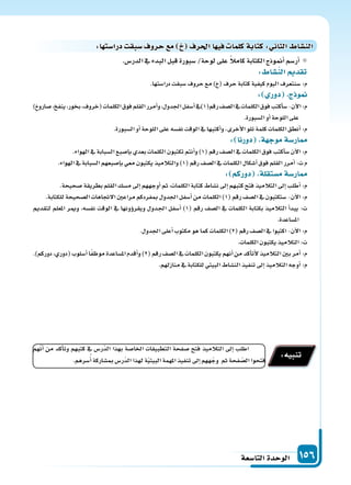 ‫التا�سعة‬‫الوحدة‬ 156
.‫الدر�س‬‫يف‬ ‫البدء‬‫قبل‬‫�سبورة‬/‫لوحة‬‫على‬ ً‫ال‬‫كام‬‫الكتابة‬‫أمنوذج‬‫ا‬‫أر�سم‬‫ا‬
: ‫الن�سا‬ ‫تقد‬
.‫درا�ستها‬‫�سبقت‬‫حروف‬‫مع‬) (‫حرف‬‫كتابة‬‫كيفية‬‫اليوم‬‫�سنتعرف‬:‫م‬
: ‫دور‬ ‫ج‬ ‫و‬
) ‫�سارو‬، ‫ينف‬،‫بخور‬،‫(خروف‬‫الكلمات‬‫فوق‬‫القلم‬‫أمرر‬‫ا‬‫و‬،‫اجلدول‬‫أ�سفل‬‫ا‬‫رقم(1)يف‬‫ال�سف‬‫يف‬‫الكلمات‬‫فوق‬‫أكتب‬‫ا‬‫�س‬-‫آن‬‫ل‬‫ا‬:‫م‬
.‫ال�سبورة‬‫أو‬‫ا‬‫اللوحة‬‫على‬
.‫ال�سبورة‬‫أو‬‫ا‬‫اللوحة‬‫على‬‫نف�سه‬‫الوقت‬‫يف‬‫أكتبها‬‫ا‬‫و‬،‫أخرى‬‫ل‬‫ا‬‫تلو‬‫كلمة‬‫الكلمات‬‫أنطق‬‫ا‬:‫م‬
: ‫دورنا‬ ‫ة‬ ‫موج‬‫ار�سة‬
.‫الهواء‬‫يف‬‫ال�سبابة‬‫إ�سبع‬‫ا‬‫ب‬‫بعدي‬‫الكلمات‬‫تكتبون‬‫أنتم‬‫ا‬‫و‬)1(‫رقم‬‫ال�سف‬‫يف‬‫الكلمات‬‫فوق‬‫أكتب‬‫ا‬‫�س‬‫آن‬‫ل‬‫ا‬:‫م‬
.‫الهواء‬‫يف‬‫ال�سبابة‬‫إ�سبعهم‬‫ا‬‫ب‬‫معي‬‫يكتبون‬‫والتالميذ‬)1(‫رقم‬‫ال�سف‬‫يف‬‫الكلمات‬‫أ�سكال‬‫ا‬‫فوق‬‫القلم‬‫أمرر‬‫ا‬:‫ت‬‫م‬
: ‫دوركم‬ ‫م�ستقلة‬‫ار�سة‬
.‫�سحيحة‬‫بطريقة‬‫القلم‬‫م�سك‬‫إىل‬‫ا‬‫أوجههم‬‫ا‬‫ثم‬،‫الكلمات‬‫كتابة‬‫ن�ساط‬‫إىل‬‫ا‬‫كتبهم‬‫فتح‬‫التالميذ‬‫إىل‬‫ا‬‫أطلب‬‫ا‬:‫م‬
.‫للكتابة‬‫ال�سحيحة‬‫الجتاهات‬‫مراعن‬‫مبفردكم‬‫اجلدول‬‫أ�سفل‬‫ا‬‫من‬‫الكلمات‬)1(‫رقم‬‫ال�سف‬‫يف‬‫�ستكتبون‬-‫آن‬‫ل‬‫ا‬:‫م‬
‫لتقدمي‬ ‫املعلم‬ ‫ومير‬ ،‫نف�سه‬ ‫الوقت‬ ‫يف‬ ‫ؤونها‬‫و‬‫ويقر‬ ‫�دول‬�‫جل‬‫ا‬ ‫أ�سفل‬‫ا‬ )1( ‫رقم‬ ‫ال�سف‬ ‫يف‬ ‫الكلمات‬ ‫بكتابة‬ ‫التالميذ‬ ‫أ‬‫ا‬‫يبد‬ :‫ت‬
.‫امل�ساعدة‬
.‫اجلدول‬‫أعلى‬‫ا‬‫مكتوب‬‫هو‬‫كما‬‫الكلمات‬)2(‫رقم‬‫ال�سف‬‫يف‬‫اكتبوا‬-‫آن‬‫ل‬‫ا‬:‫م‬
.‫الكلمات‬‫يكتبون‬‫التالميذ‬:‫ت‬
.)‫دوركم‬،‫(دوري‬‫أ�سلوب‬‫ا‬‫ا‬ً‫ف‬‫موظ‬‫امل�ساعدة‬‫أقدم‬‫ا‬‫و‬)2(‫رقم‬‫ال�سف‬‫يف‬‫الكلمات‬‫يكتبون‬‫أنهم‬‫ا‬‫من‬‫أكد‬‫ا‬‫أت‬‫ل‬‫التالميذ‬‫بن‬‫أمر‬‫ا‬:‫م‬
.‫منازلهم‬‫يف‬‫للكتابة‬‫البيتي‬‫الن�ساط‬‫تنفيذ‬‫إىل‬‫ا‬‫التالميذ‬‫أوجه‬‫ا‬:‫م‬
‫هم‬ّ‫ن‬‫أ‬‫ا‬ ‫من‬ ‫أكد‬‫ا‬‫وت‬ ‫كتبهم‬ ‫يف‬ ‫ّر�س‬‫د‬‫ال‬ ‫بهذا‬ ‫اخلا�سة‬ ‫التطبيقات‬ ‫�سفحة‬ ‫فتح‬ ‫التالميذ‬ ‫إىل‬‫ا‬ ‫اطلب‬
.‫�سرهم‬ُ‫أ‬‫ا‬‫مب�ساركة‬‫ّر�س‬‫د‬‫ال‬‫لهذا‬‫ة‬ّ‫ي‬‫البيت‬‫املهمة‬‫تنفيذ‬‫إىل‬‫ا‬‫ههم‬ّ‫وج‬ ‫ثم‬‫فحة‬ ّ‫ال�س‬‫فتحوا‬
:‫تنبيه‬
:‫ا‬ ‫درا�ست‬ ‫�سبق‬‫حروف‬ ‫م‬ ‫احلرف‬‫ا‬ ‫في‬ ‫كلما‬‫كتابة‬: ‫الثا‬ ‫الن�سا‬
 